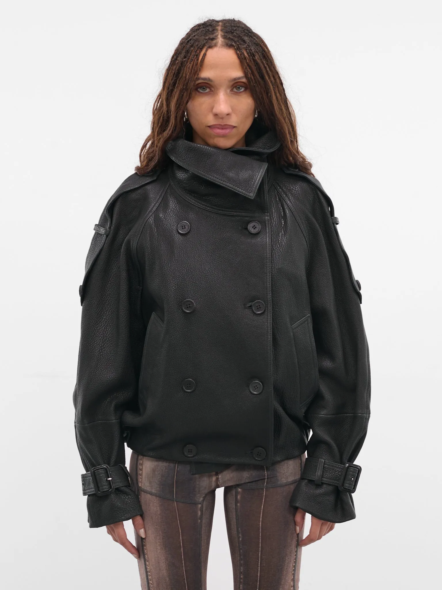 Black Lamb Leather Trench Jacket (FN-WN-LEAT000445-BLACK) sold by lorenzo