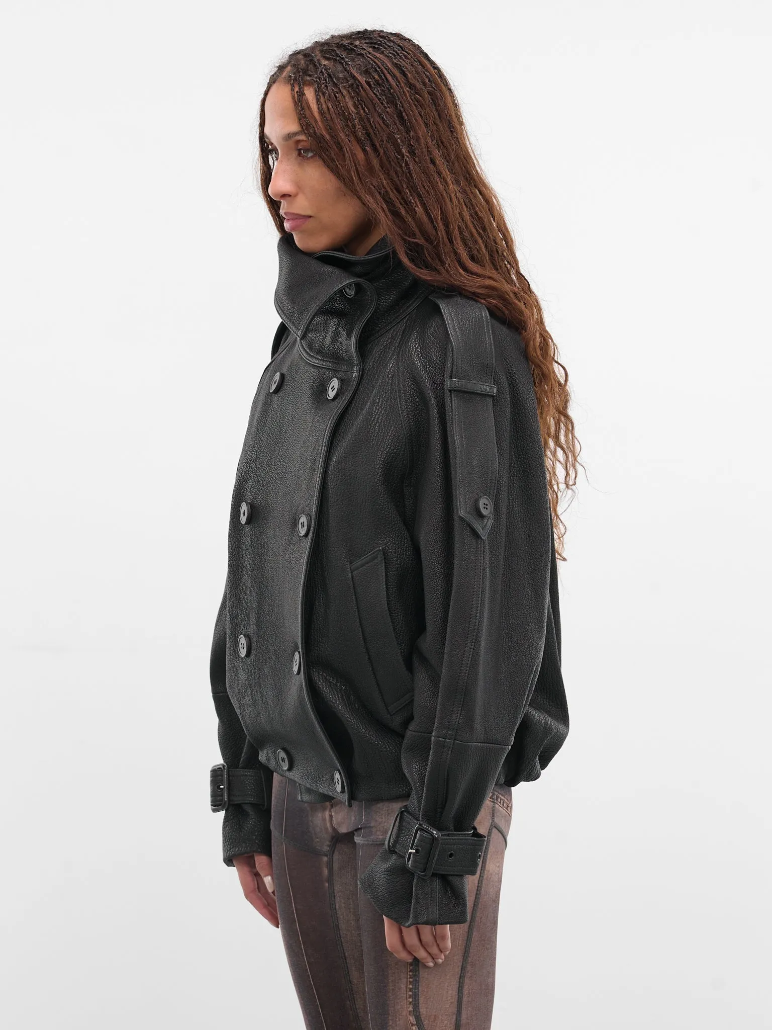 Black Lamb Leather Trench Jacket (FN-WN-LEAT000445-BLACK) sold by lorenzo product image thumbnail 2