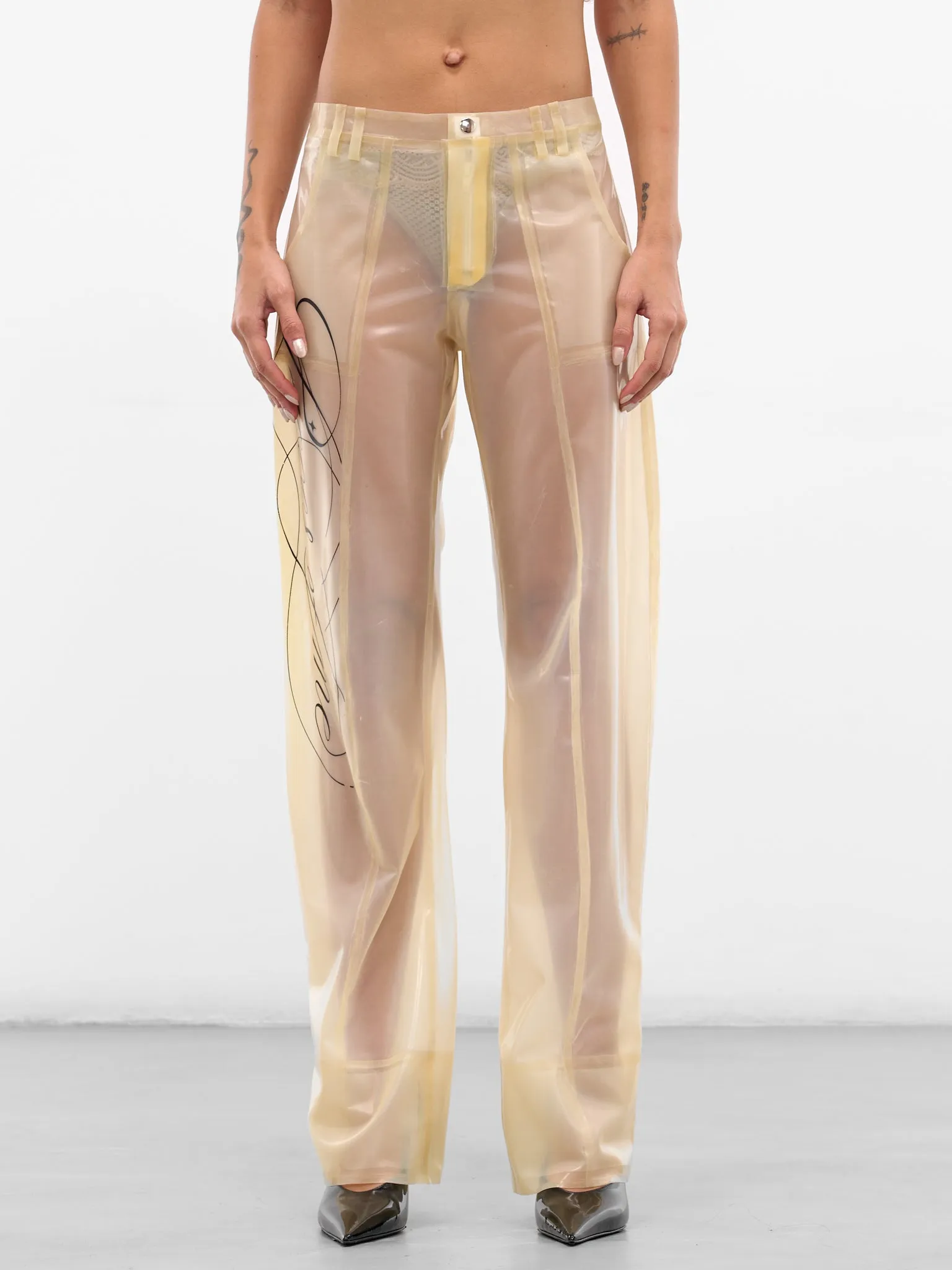 Beige Graphic Latex Trousers (PA-02-AW25-BEIGE) sold by lorenzo