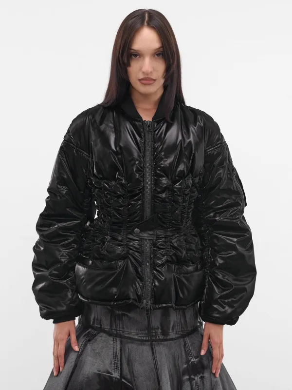 Black Ruched Bomber Puffer Jacket (JP-J004-W25-BLACK) sold by lorenzo