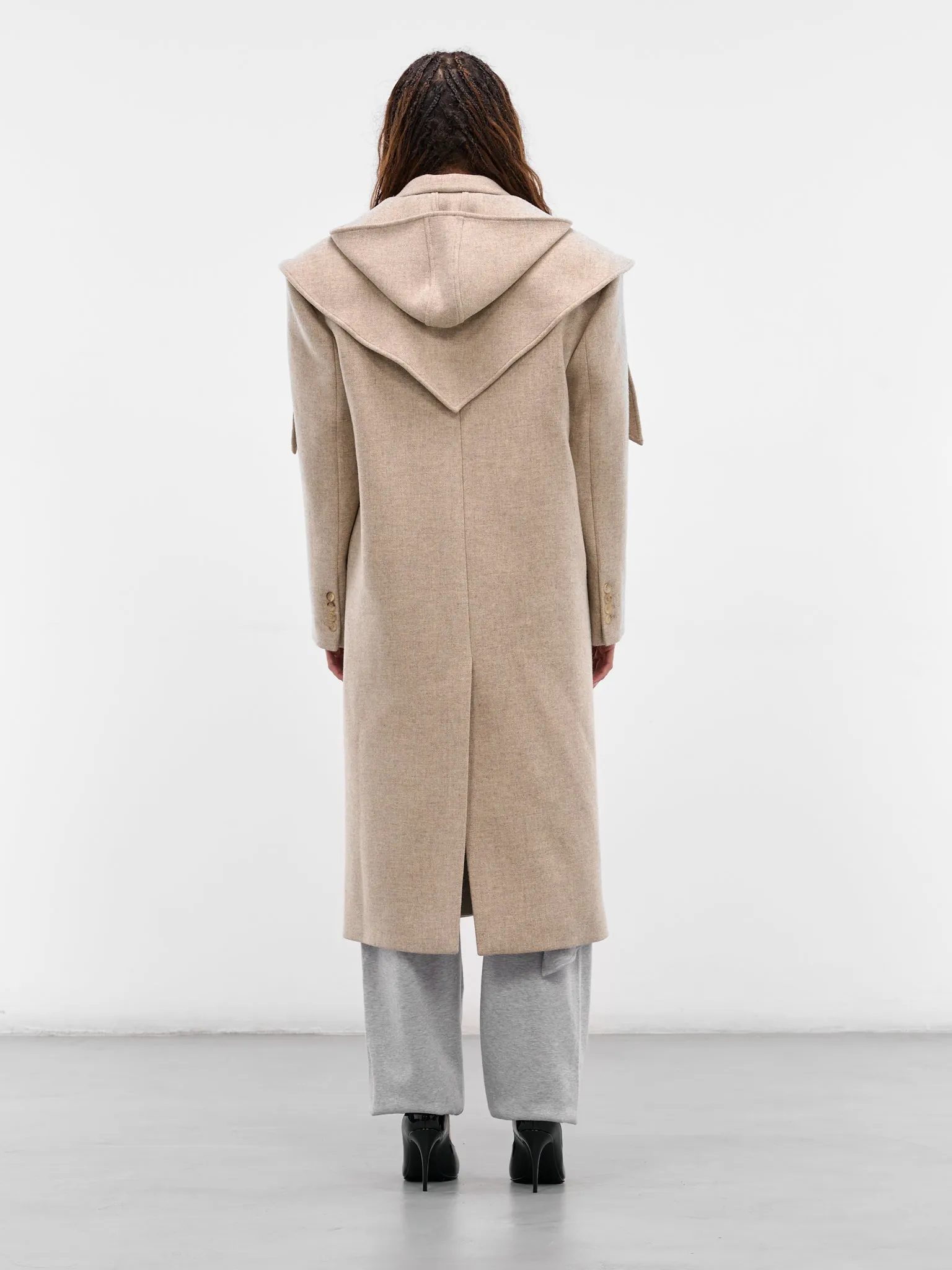 Beige Hooded Peak Lapel Coat (COAT-05-BEIGE) sold by lorenzo product image thumbnail 3
