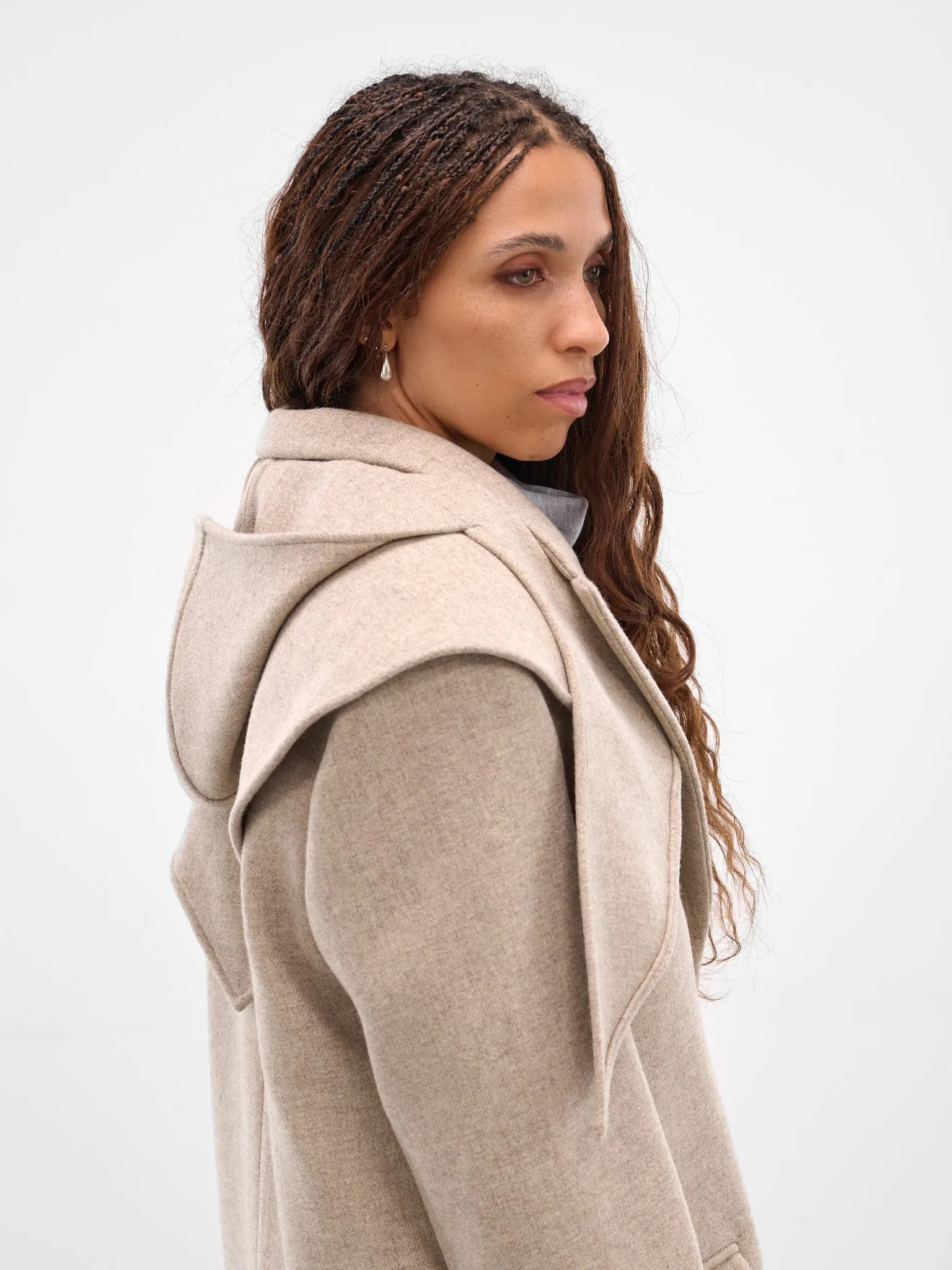 Beige Hooded Peak Lapel Coat (COAT-05-BEIGE) sold by lorenzo product image thumbnail 4