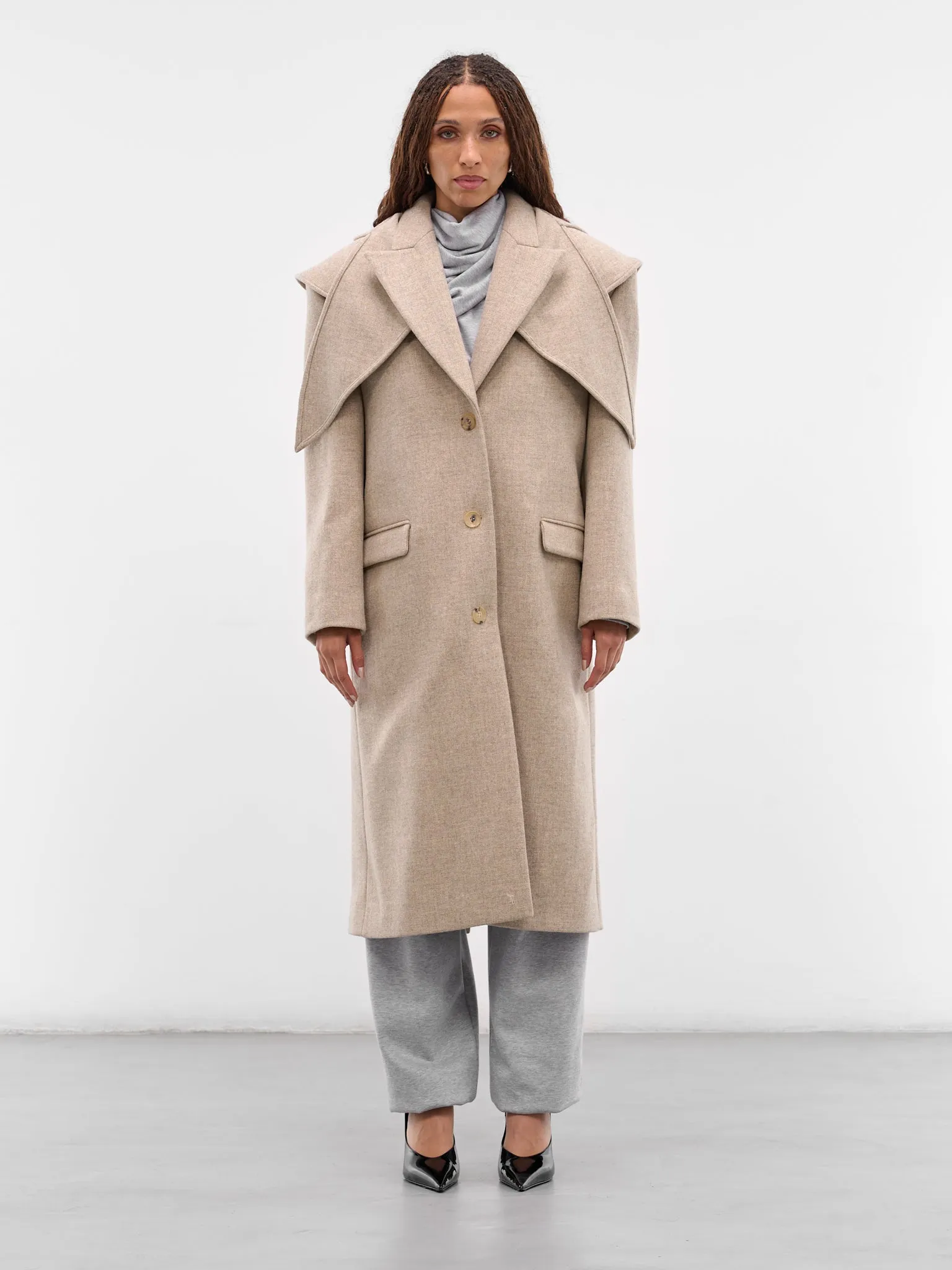 Beige Hooded Peak Lapel Coat (COAT-05-BEIGE) sold by lorenzo