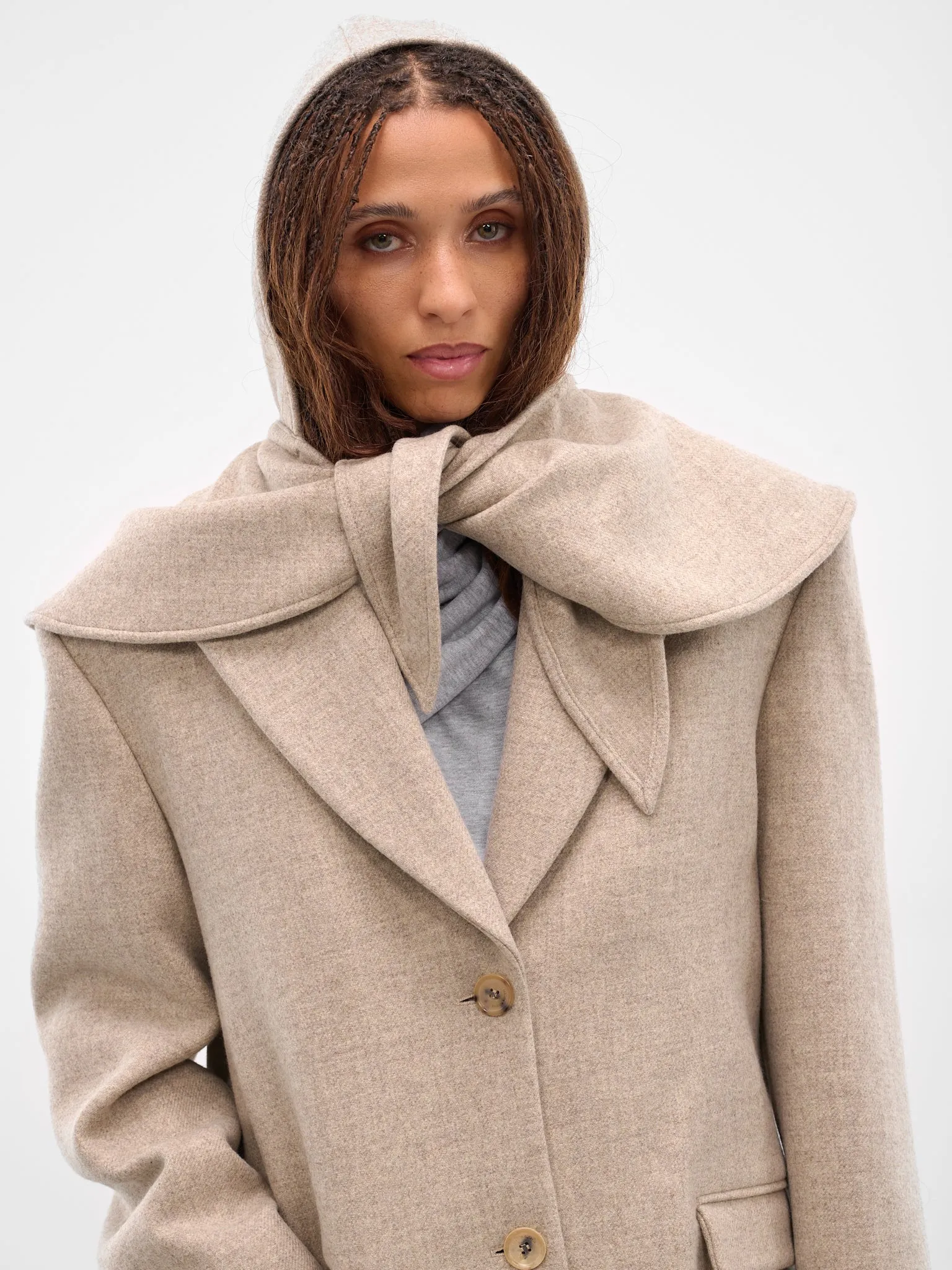 Beige Hooded Peak Lapel Coat (COAT-05-BEIGE) sold by lorenzo product image thumbnail 5