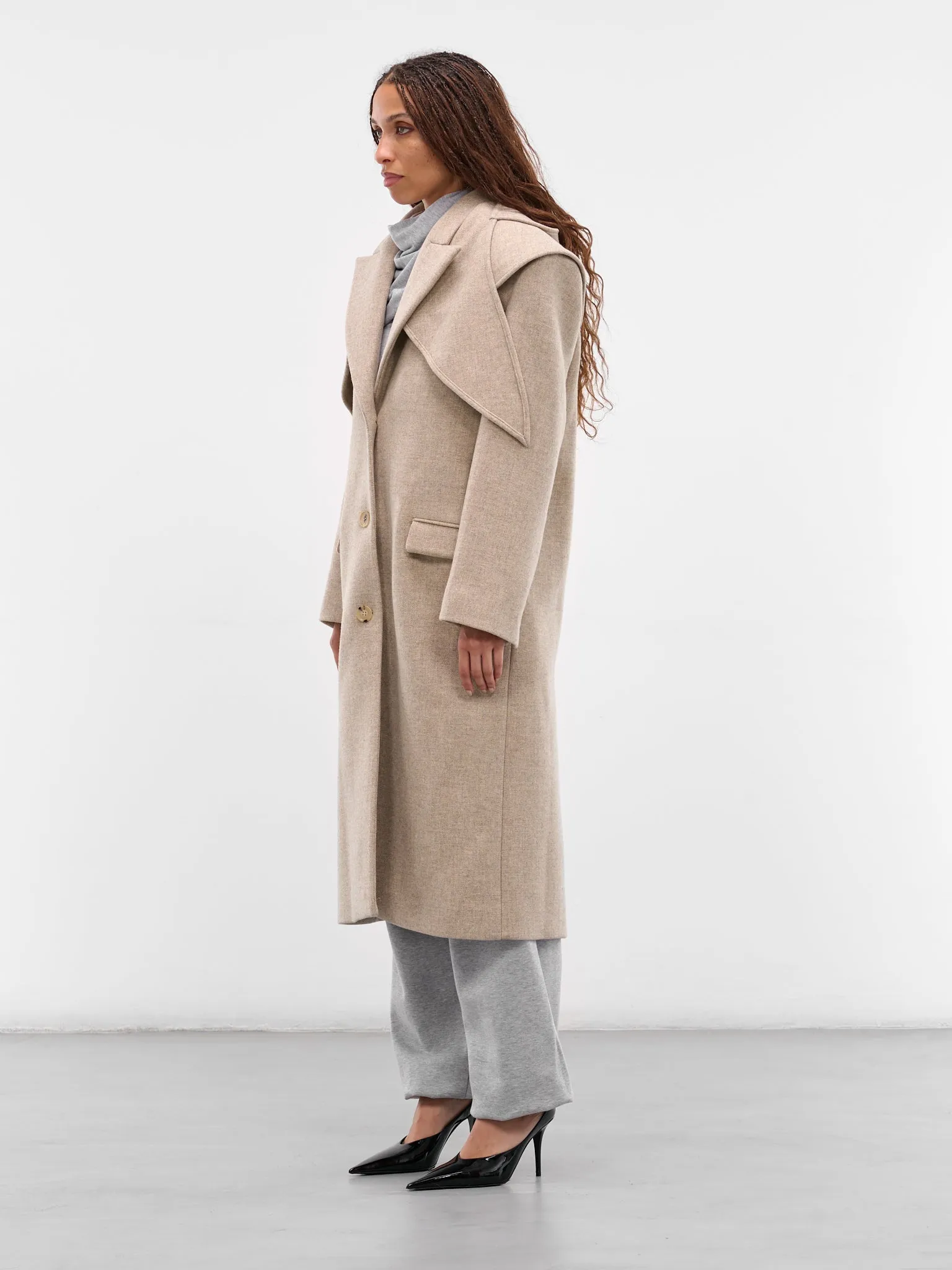 Beige Hooded Peak Lapel Coat (COAT-05-BEIGE) sold by lorenzo product image thumbnail 2