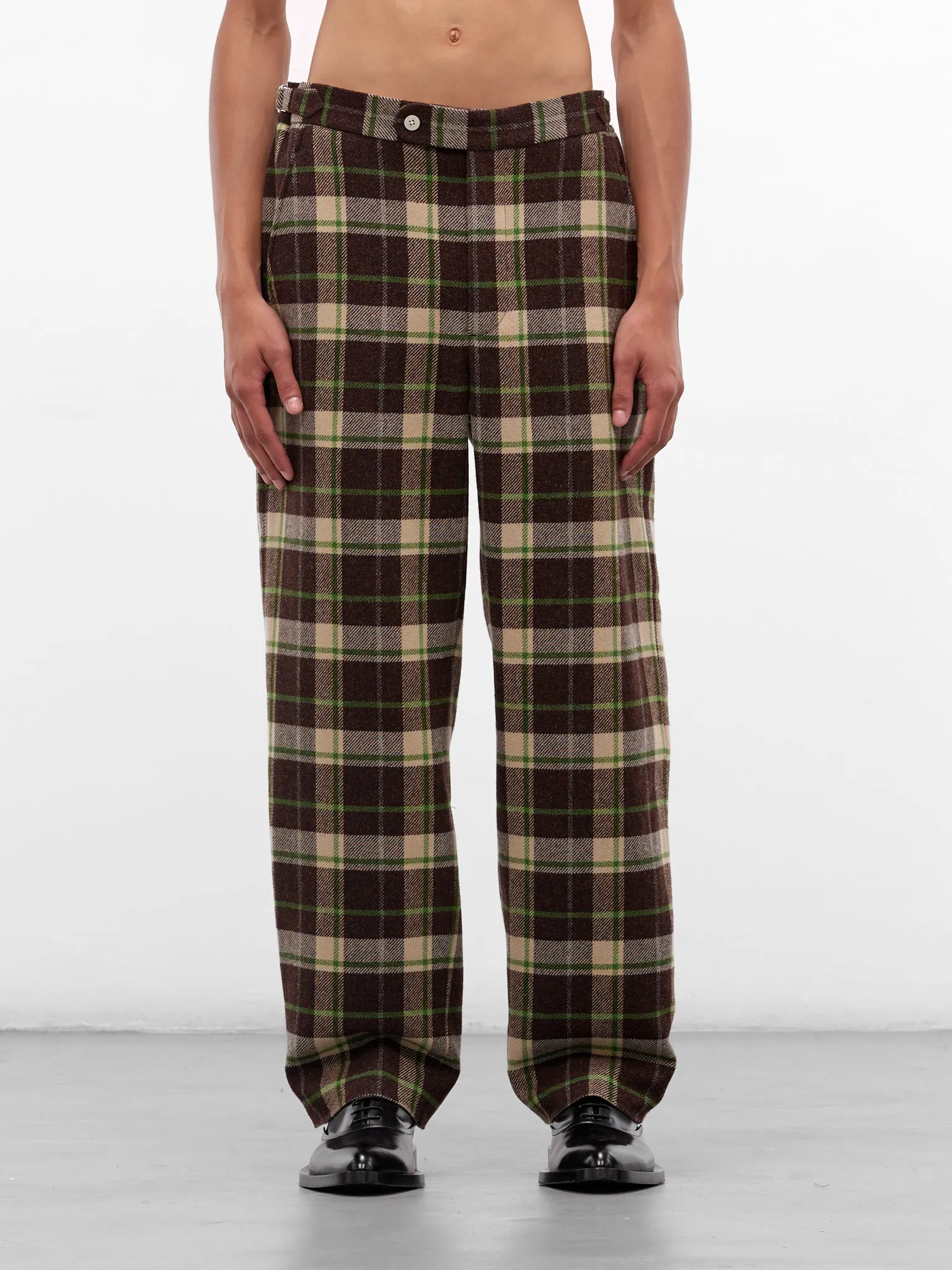 Brown Woodcrest Wool Plaid Trousers (MRF25BT008-BROWN-GREEN) sold by lorenzo