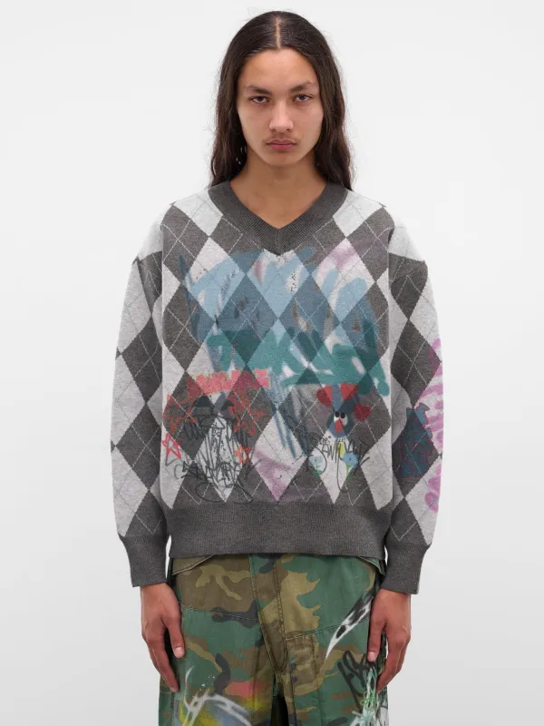 Gray Argyle Graffiti Sweater (BUSW0102-GREY) sold by lorenzo