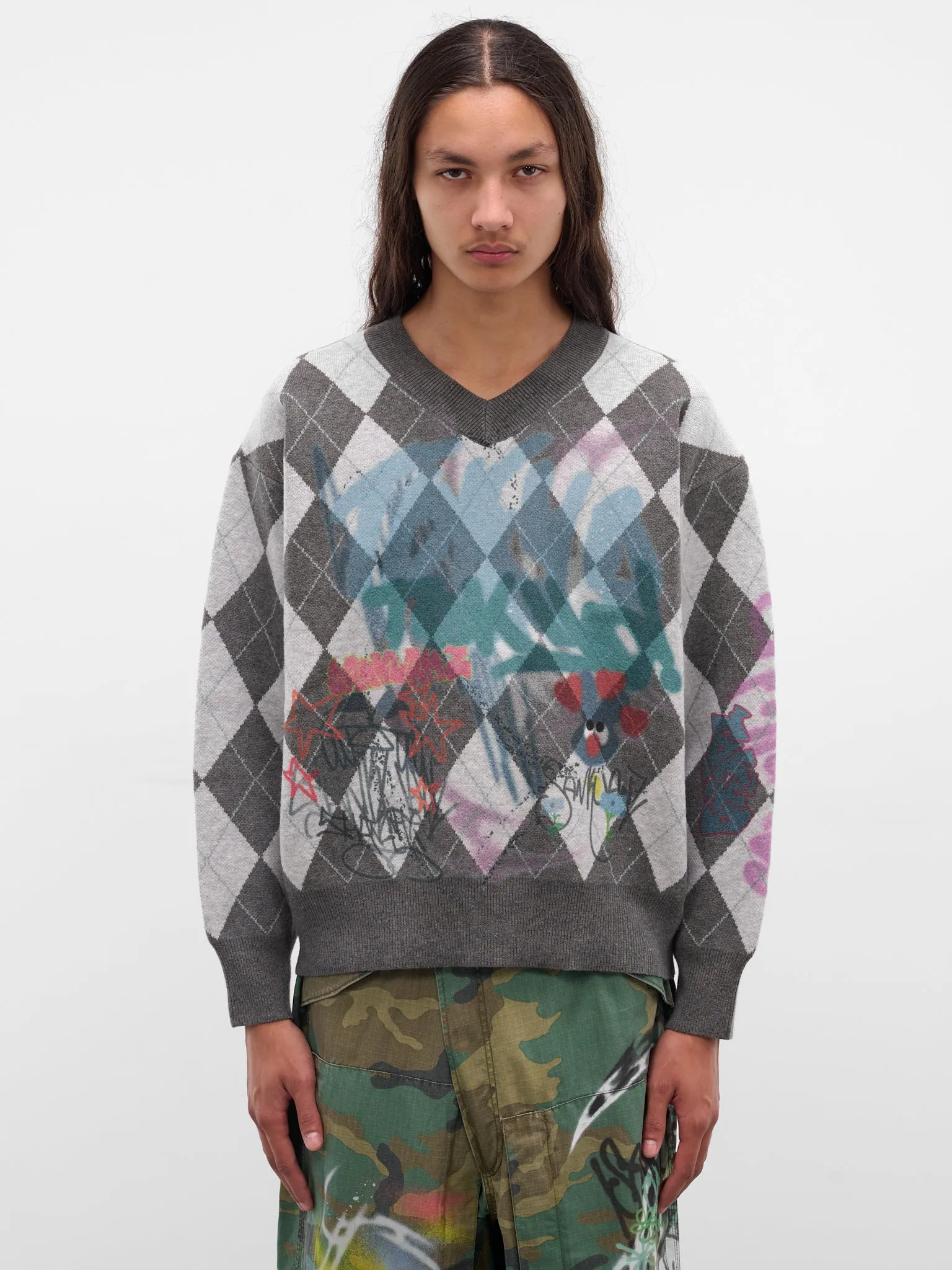 Gray Argyle Graffiti Sweater (BUSW0102-GREY) sold by lorenzo