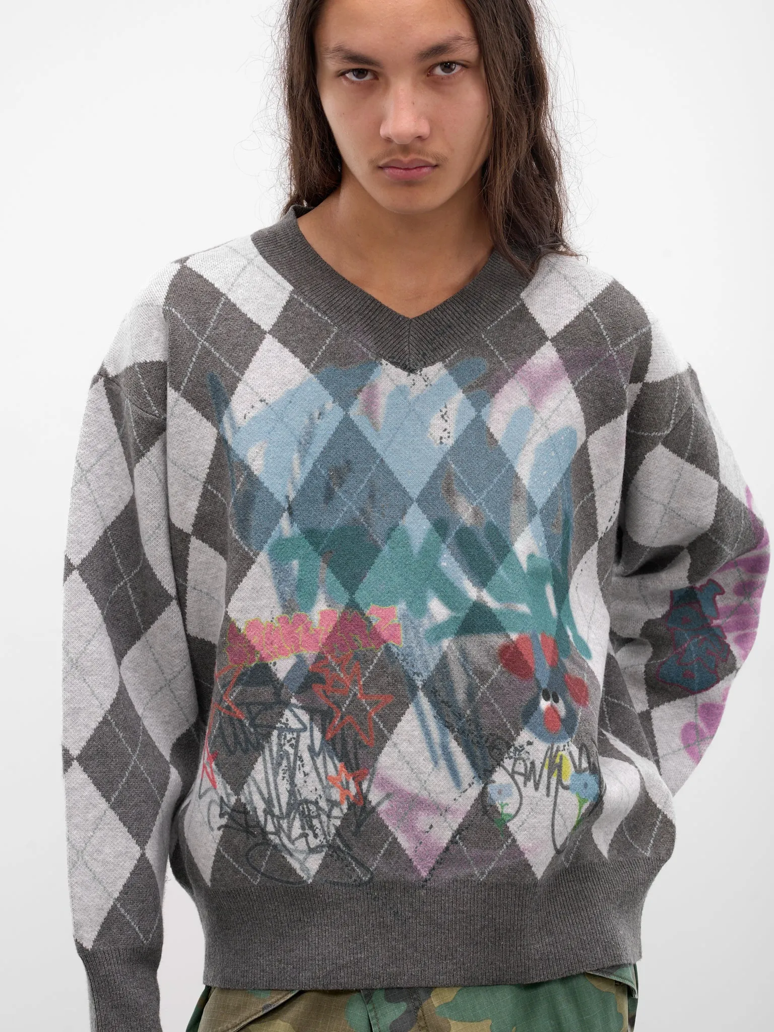 Gray Argyle Graffiti Sweater (BUSW0102-GREY) sold by lorenzo product image thumbnail 4
