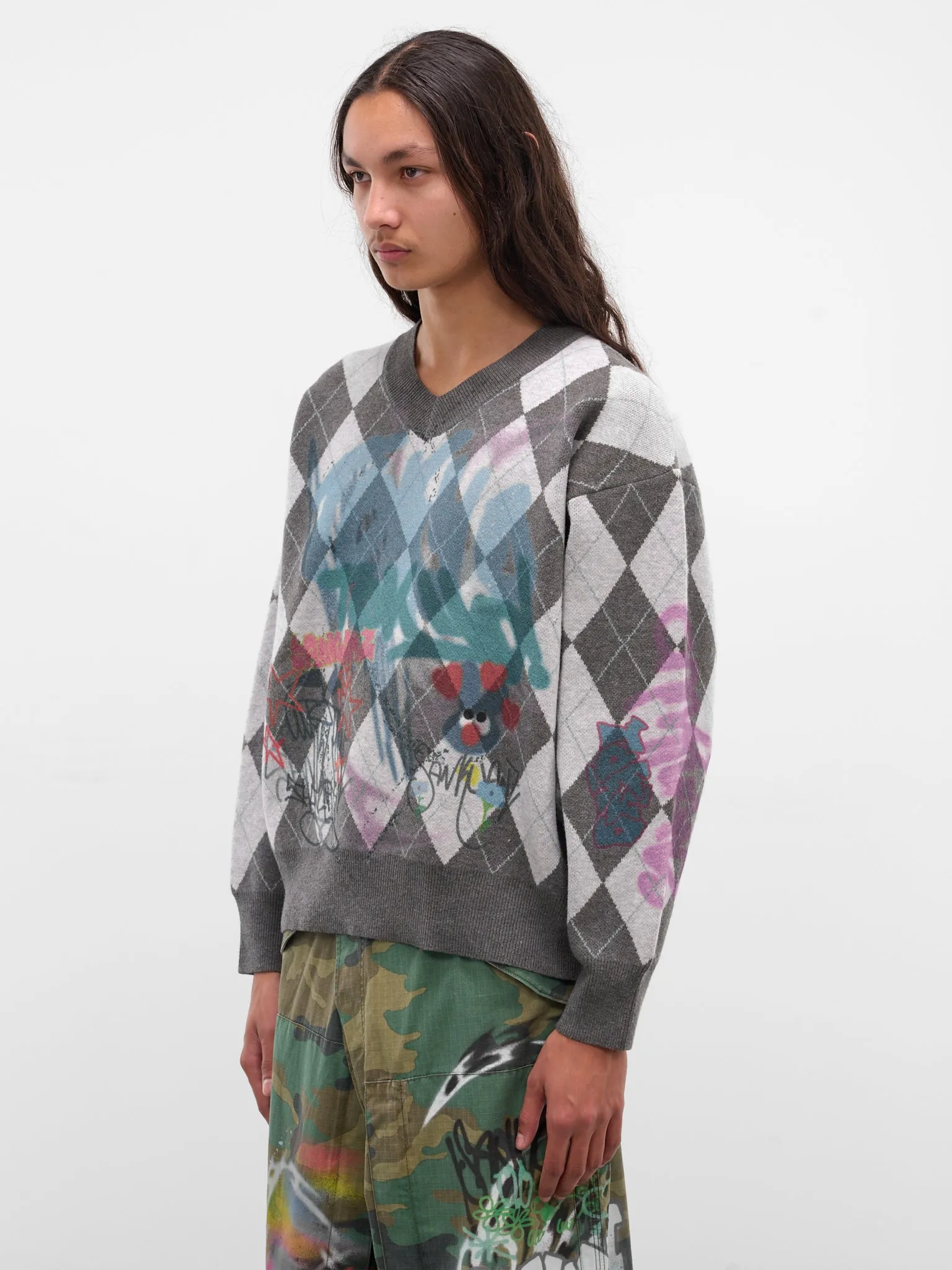 Gray Argyle Graffiti Sweater (BUSW0102-GREY) sold by lorenzo product image thumbnail 2