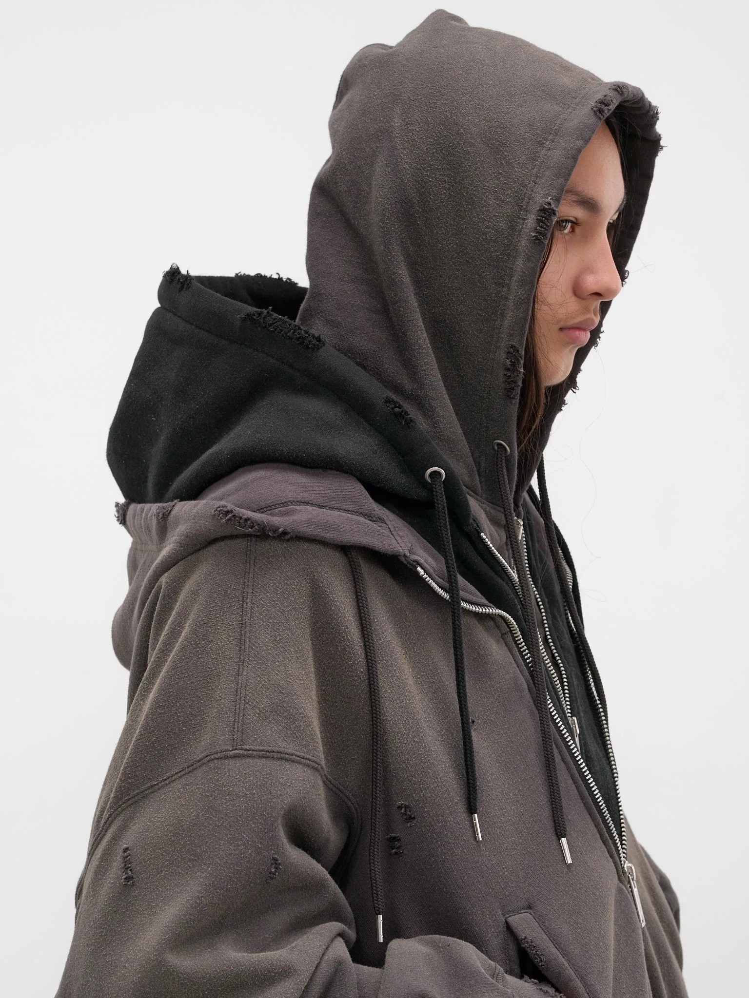 Gray Triple Layered Distressed Hoodie (A15PK581-BLACK) sold by lorenzo product image thumbnail 4