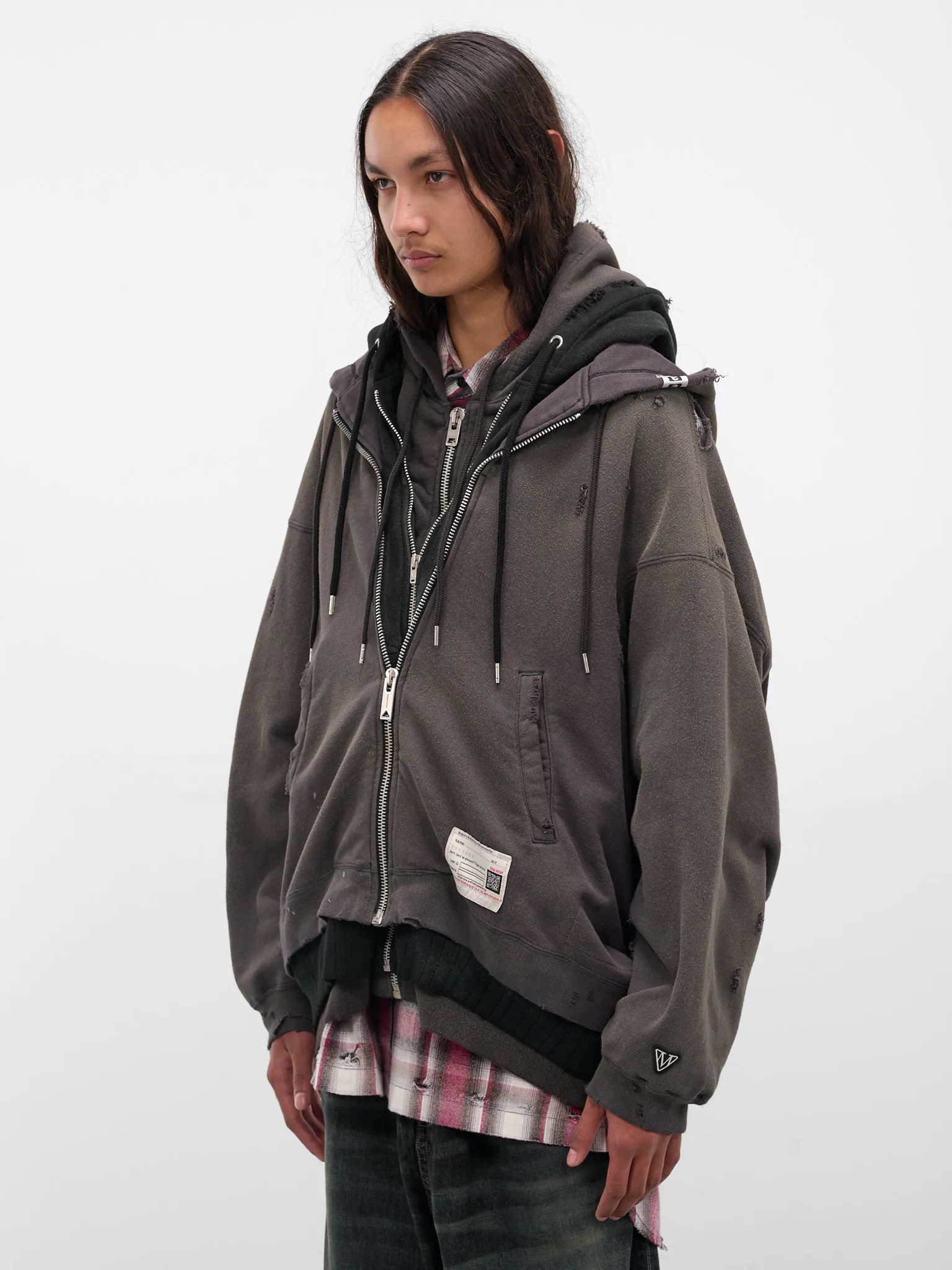 Gray Triple Layered Distressed Hoodie (A15PK581-BLACK) sold by lorenzo product image thumbnail 2