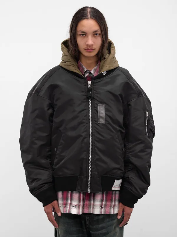 Black Nylon Hooded Bomber Jacket (A15BL062-BLACK) sold by lorenzo