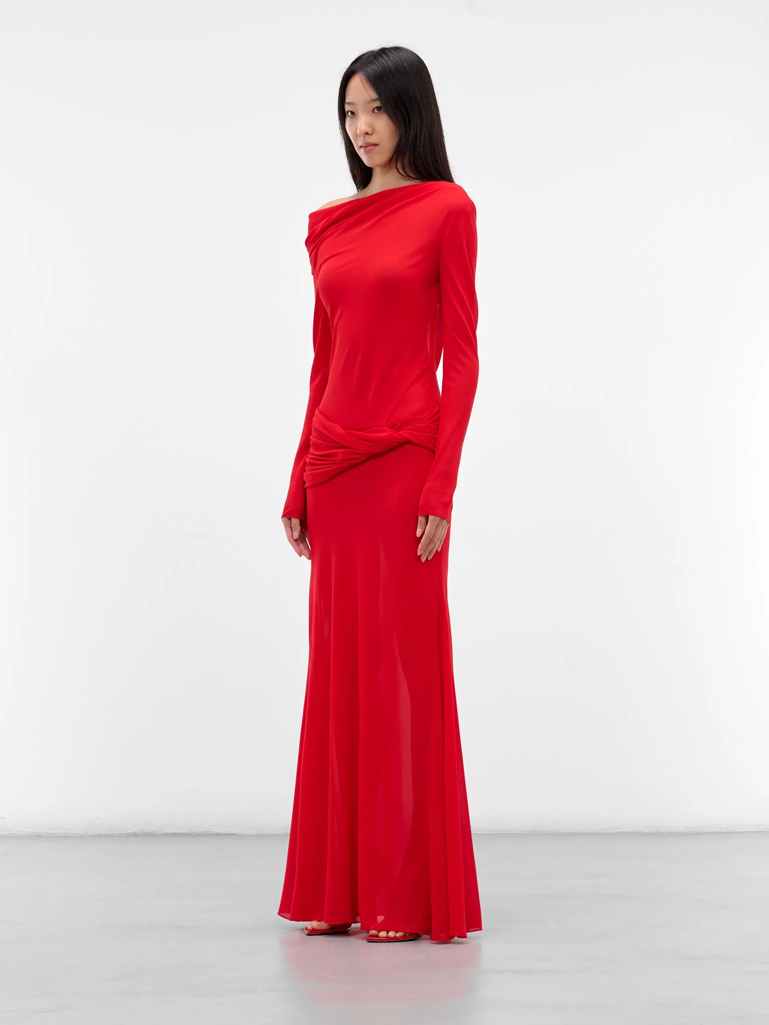 Red Off-Shoulder Sleeved Maxi Dress (09-1-RED) sold by lorenzo product image thumbnail 2