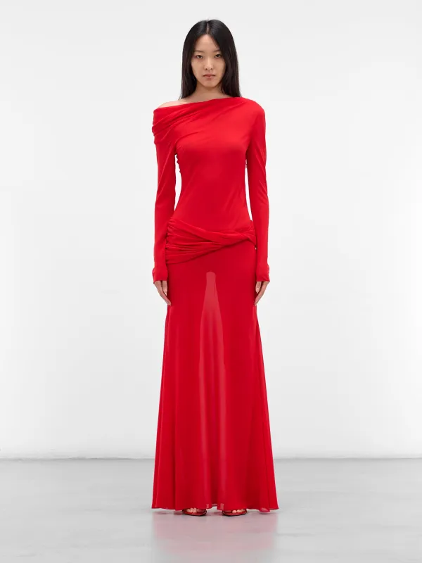 Red Off-Shoulder Sleeved Maxi Dress (09-1-RED) sold by lorenzo