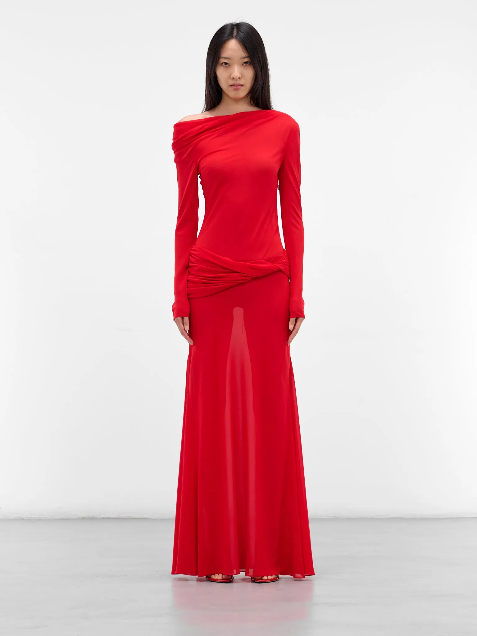Red Off-Shoulder Sleeved Maxi Dress (09-1-RED) sold by lorenzo