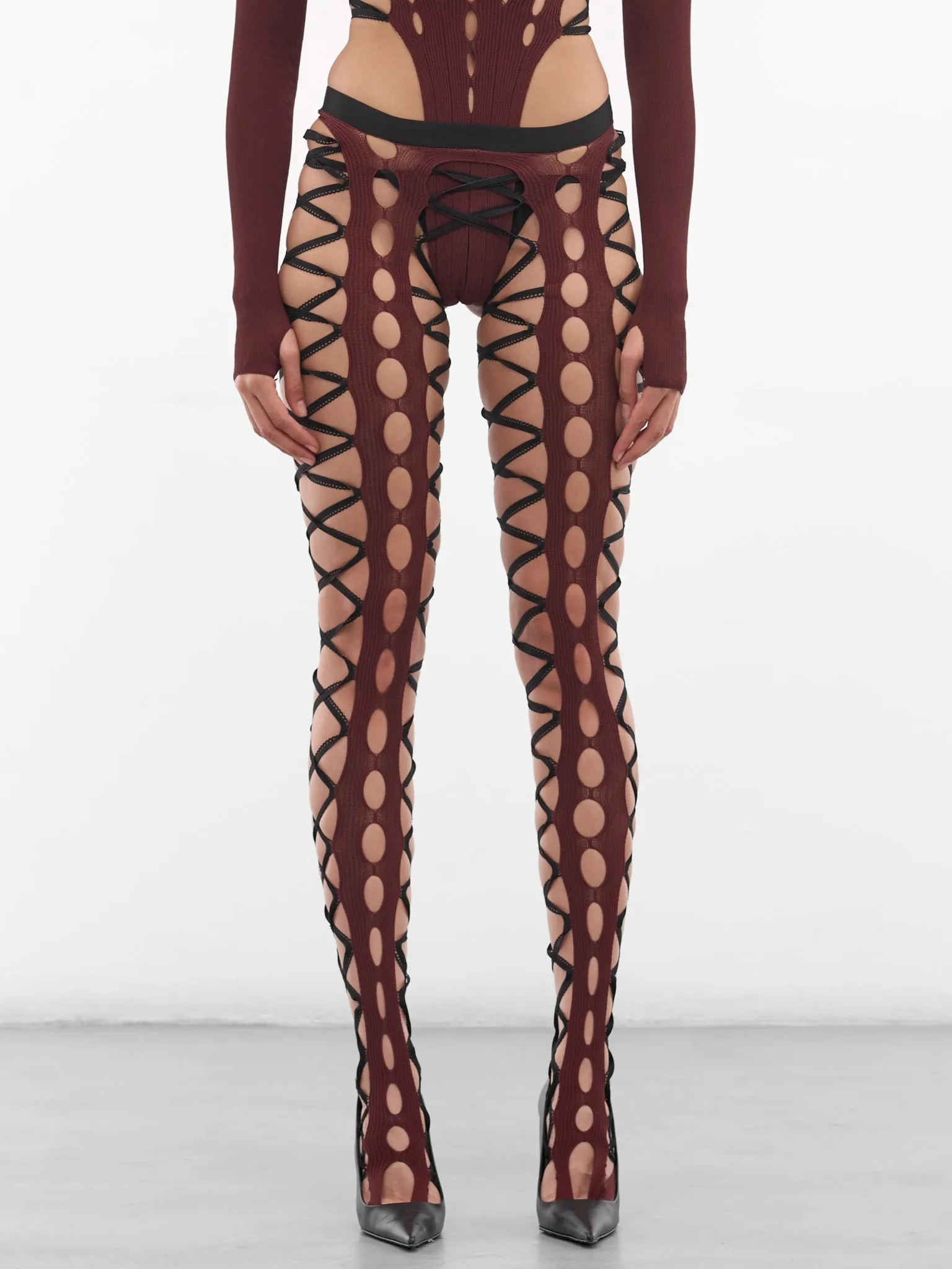 Burgundy Squiggle Knit Cut-Out Tights (SQUIGGLE-KNIT-TIGHTS-BURGUNDY) sold by lorenzo
