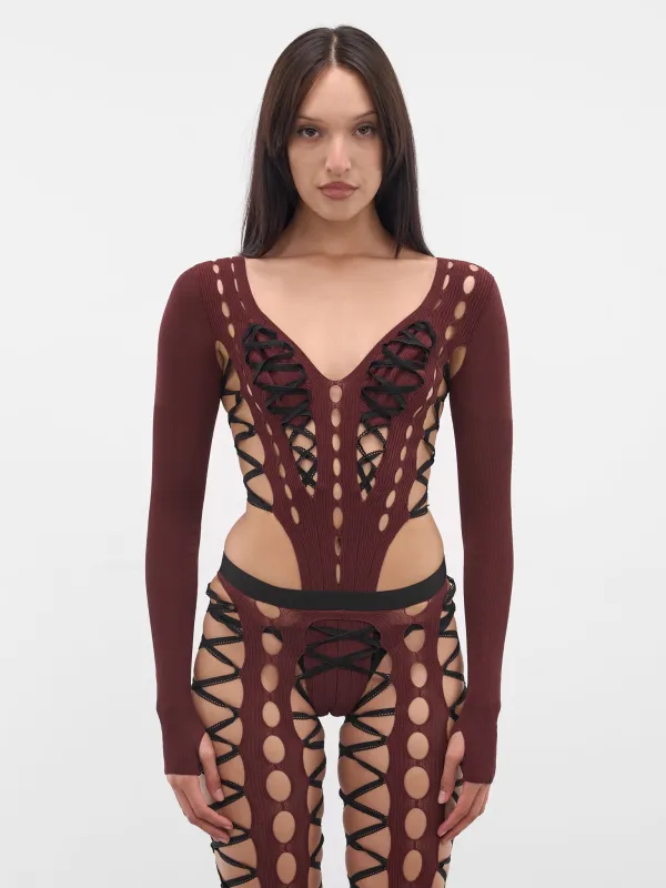 Burgundy Shibari Long Sleeve Bodysuit (SHIBARI-KNIT-OPEN-SIDE-BURGUND) sold by lorenzo
