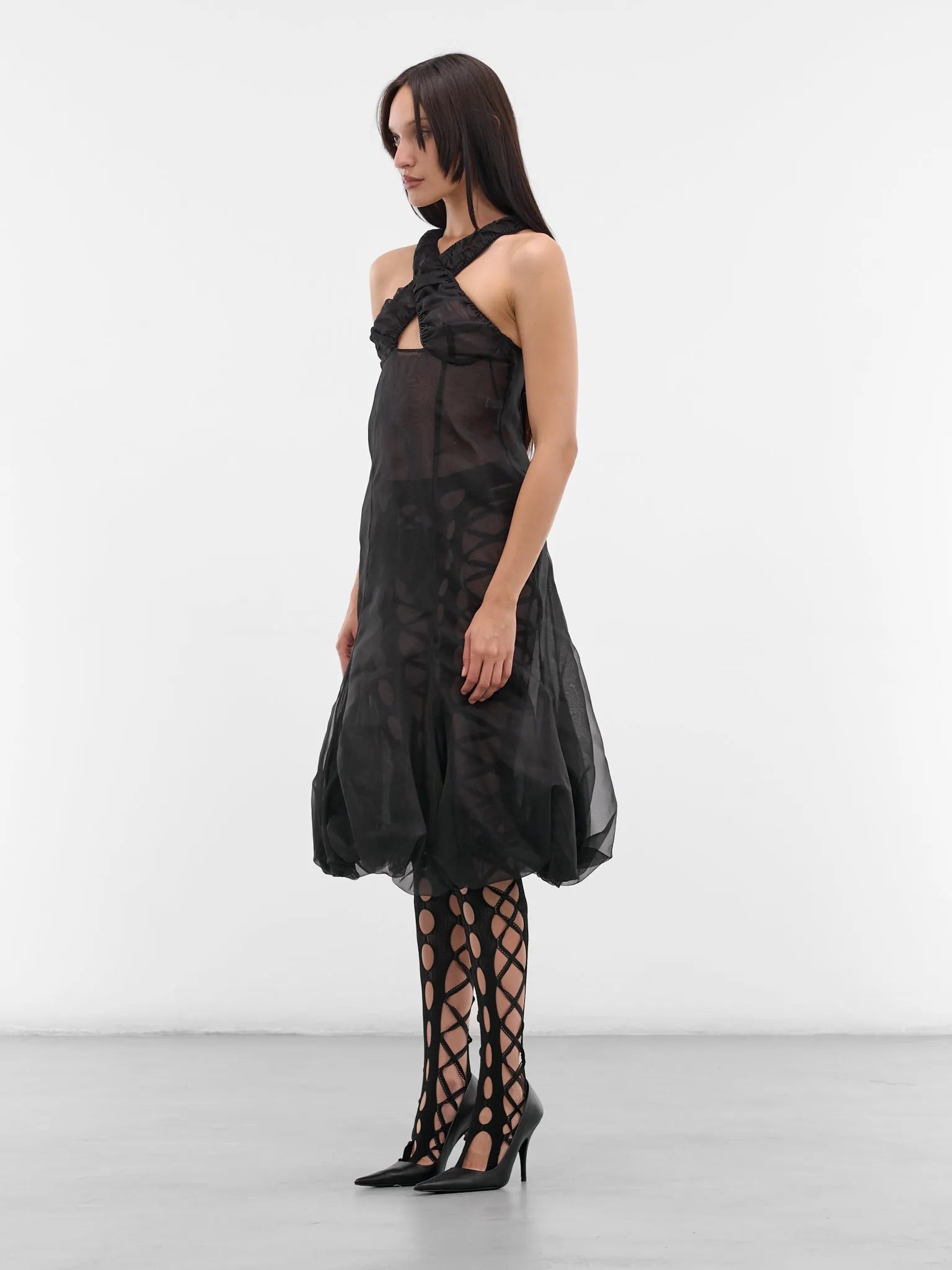 Black Silk Cross Puff Dress (PUFF-MIDI-CRISS-CROSS-BLACK) sold by lorenzo product image thumbnail 2