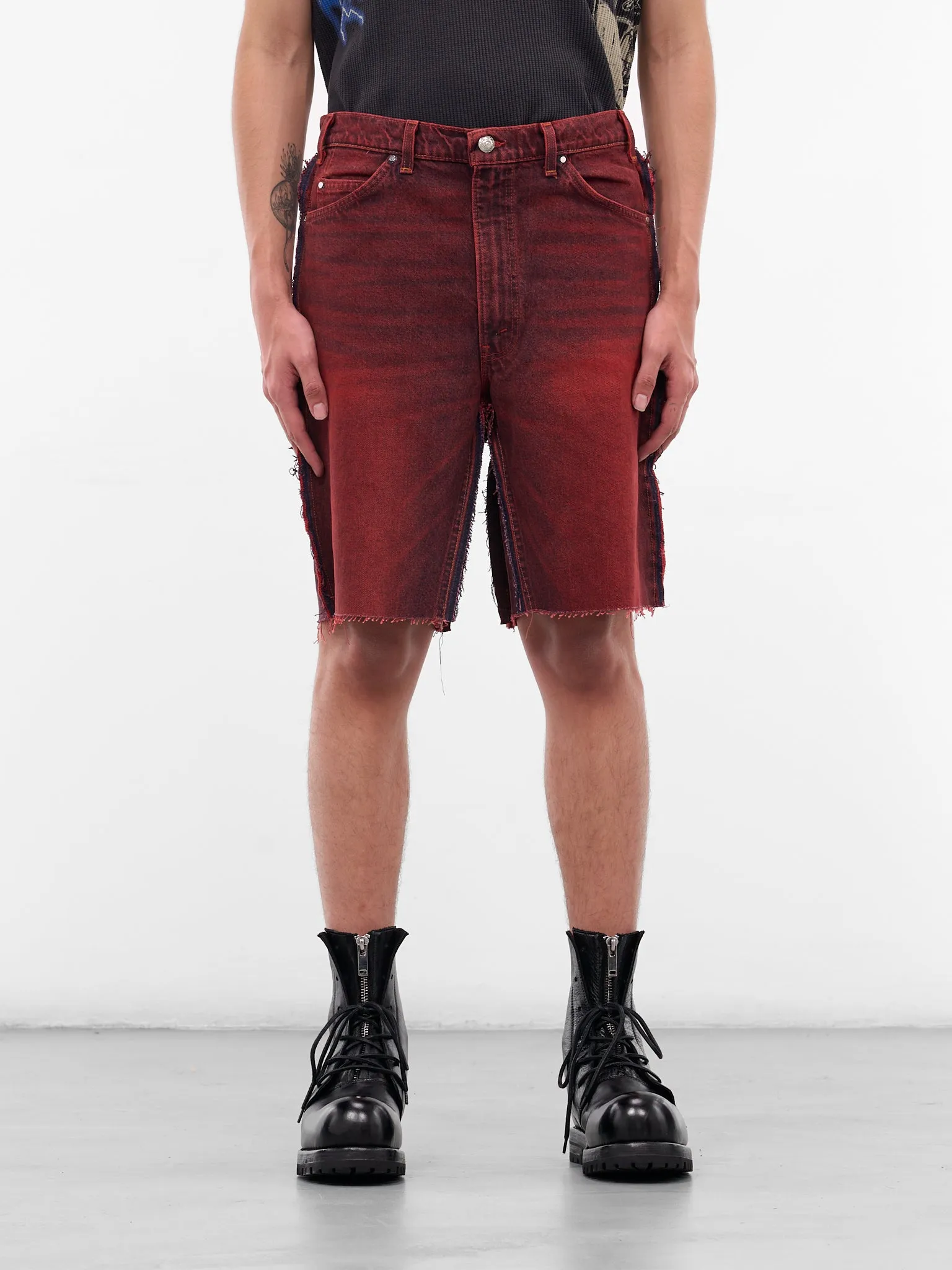Red Switchblade Deconstructed Denim Shorts (SWITCHBLADE-RED) sold by lorenzo