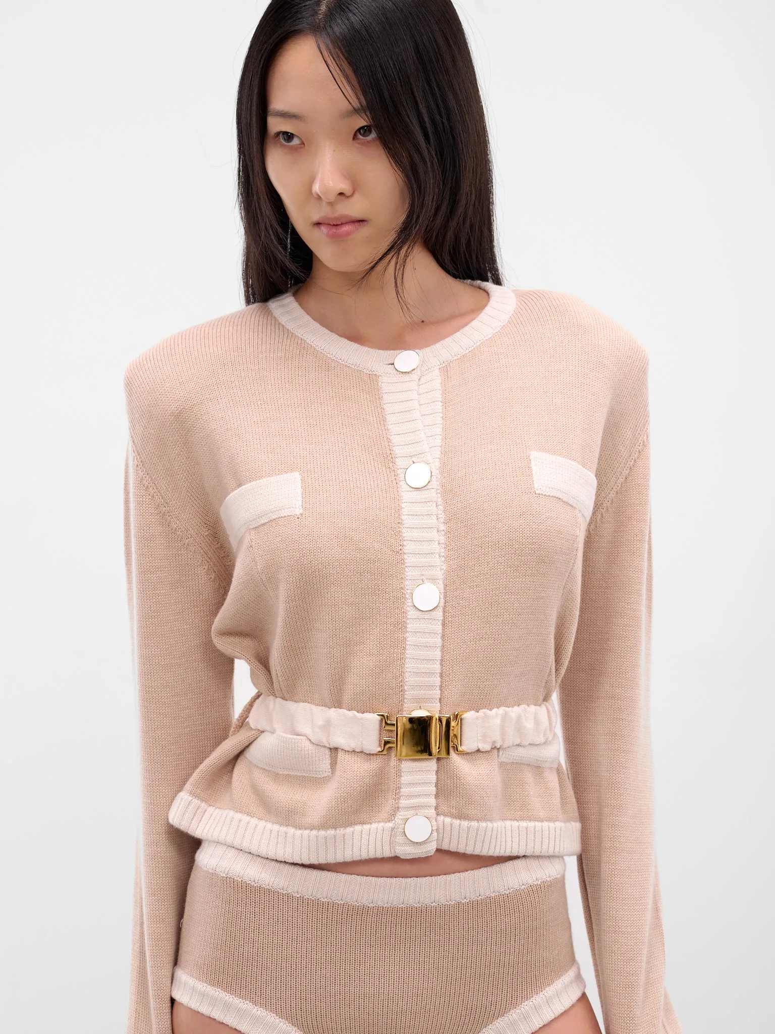 Beige Bi-Color Wool Cardigan Blazer (K050-BEIGE-WHITE) sold by lorenzo product image thumbnail 4