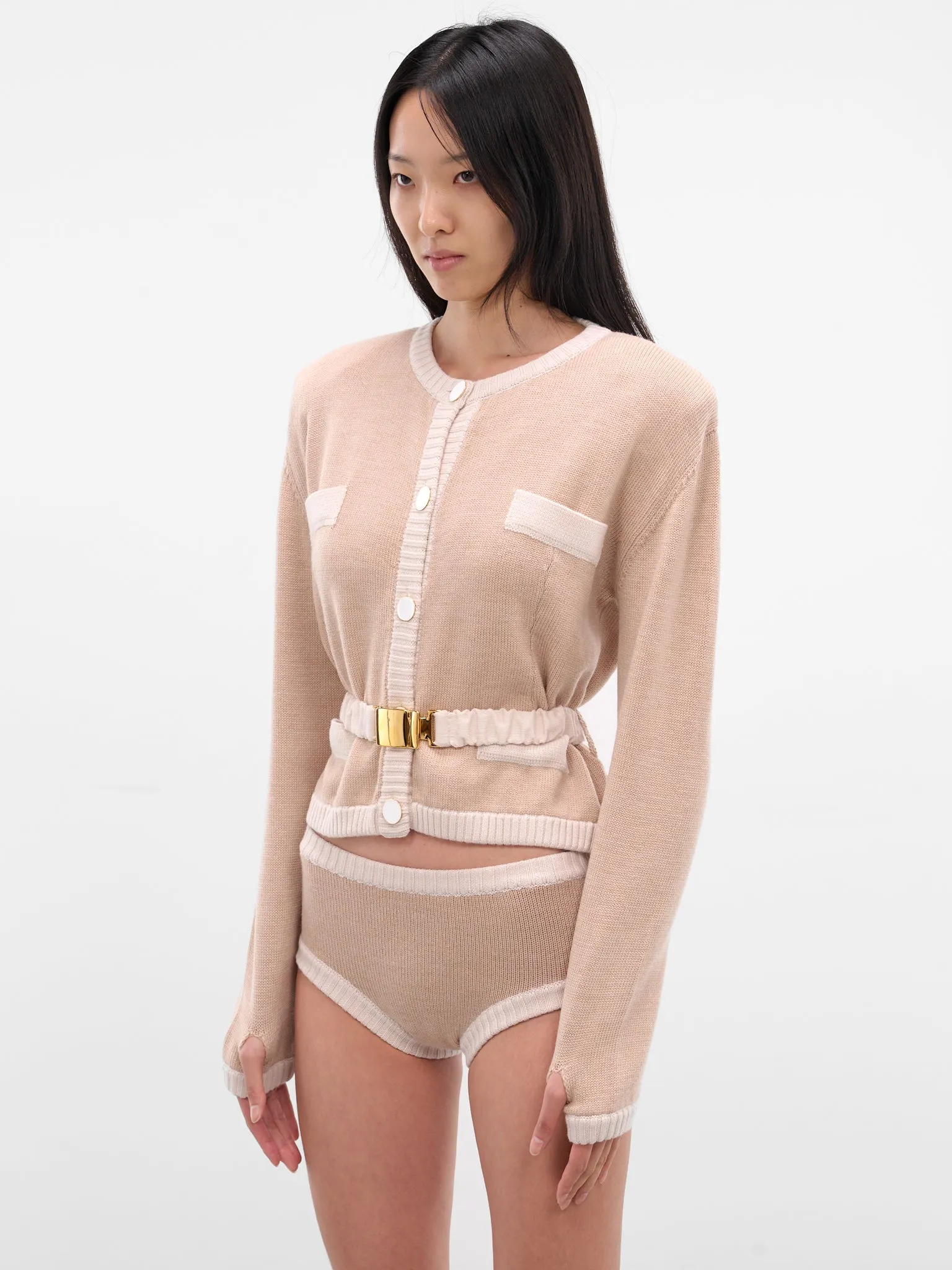 Beige Bi-Color Wool Cardigan Blazer (K050-BEIGE-WHITE) sold by lorenzo product image thumbnail 2