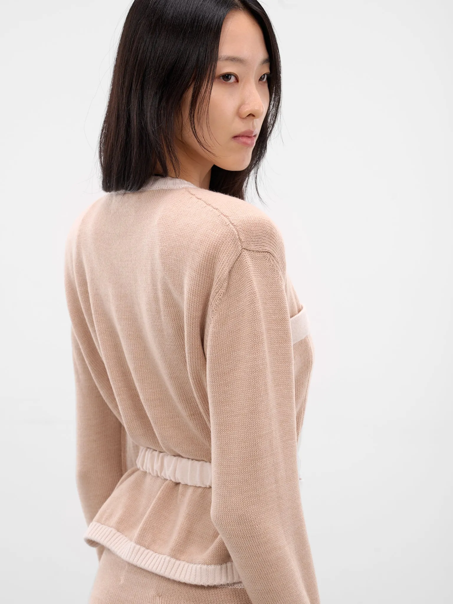 Beige Bi-Color Wool Cardigan Blazer (K050-BEIGE-WHITE) sold by lorenzo product image thumbnail 5