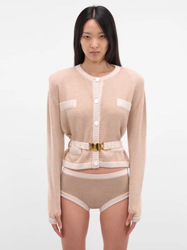 Beige Bi-Color Wool Cardigan Blazer (K050-BEIGE-WHITE) sold by lorenzo