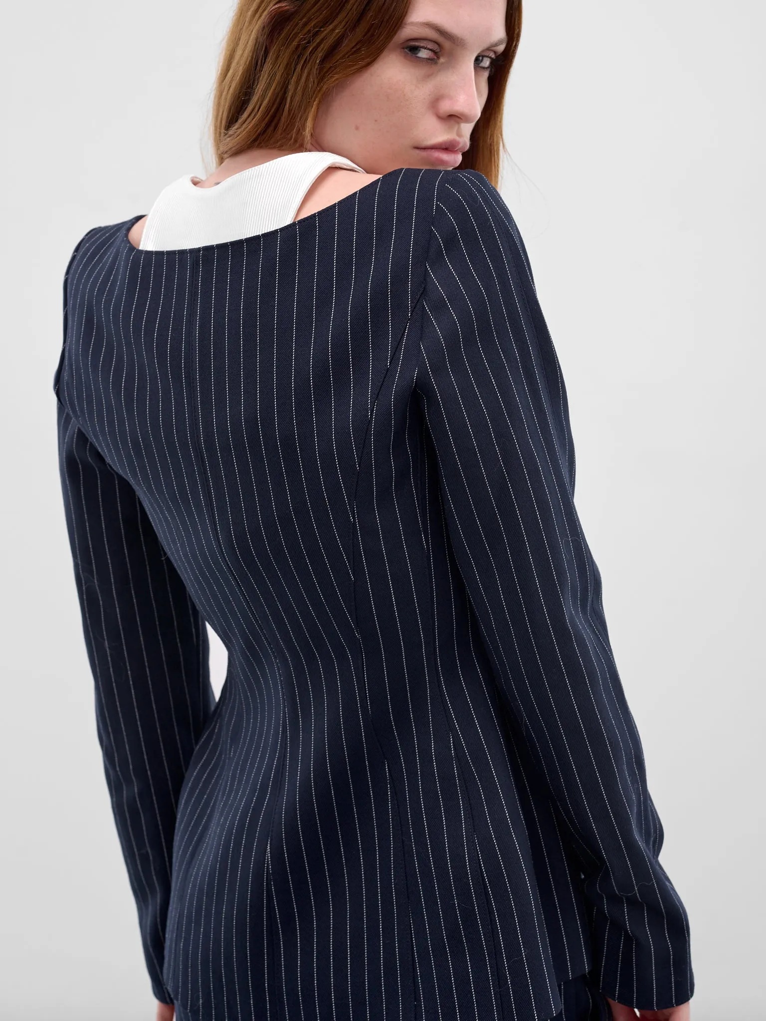 Pinstripe Trompe L'oeil Layered Blazer (COM1VE04741001-NAVY-WHITE) sold by lorenzo product image thumbnail 5