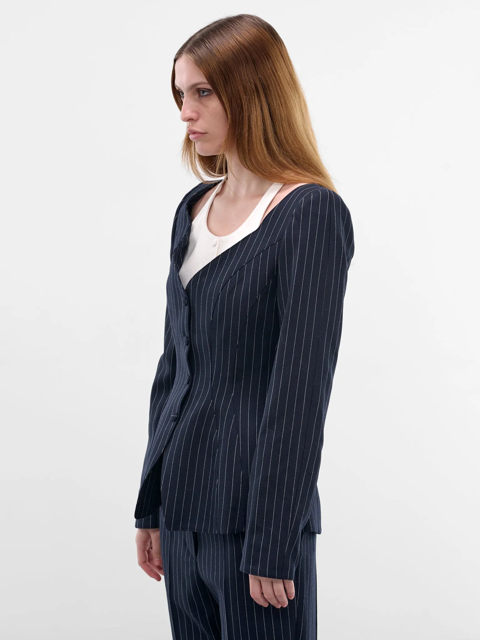 Pinstripe Trompe L'oeil Layered Blazer (COM1VE04741001-NAVY-WHITE) sold by lorenzo product image thumbnail 2