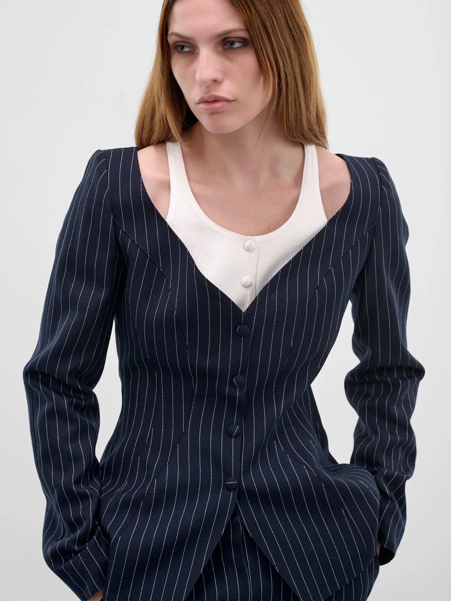 Pinstripe Trompe L'oeil Layered Blazer (COM1VE04741001-NAVY-WHITE) sold by lorenzo product image thumbnail 4
