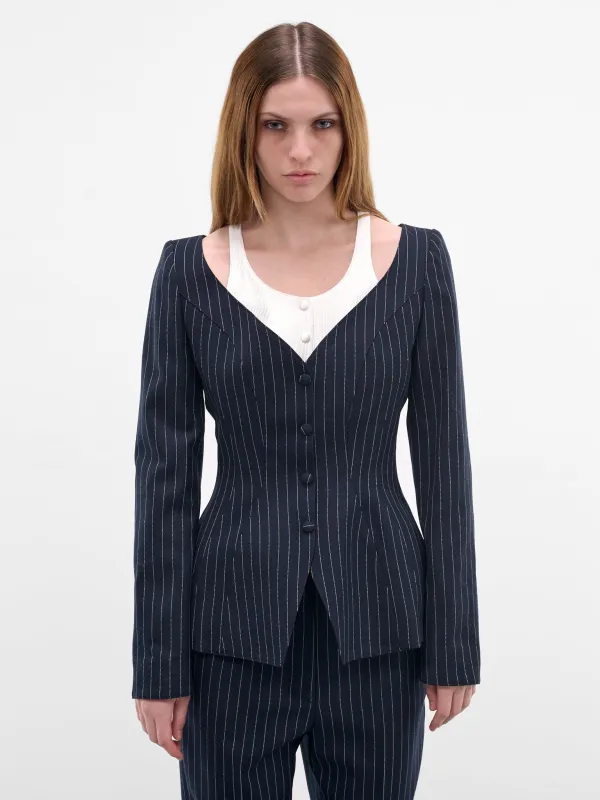 Pinstripe Trompe L'oeil Layered Blazer (COM1VE04741001-NAVY-WHITE) made by Mugler