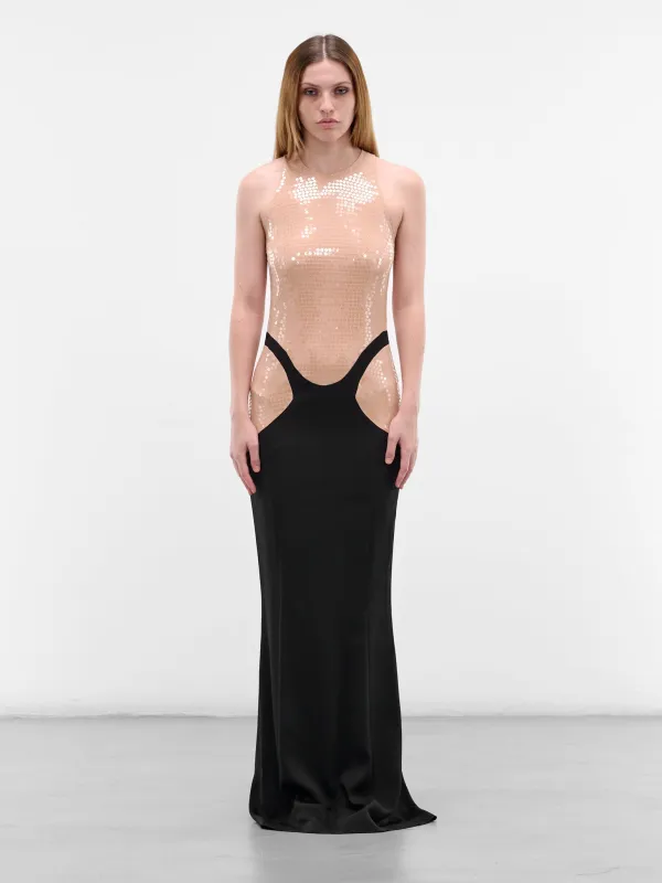 Sequin Trompe L'oeil Skirt Gown (COM1RO17933002-BEIGE-BLACK) made by Mugler