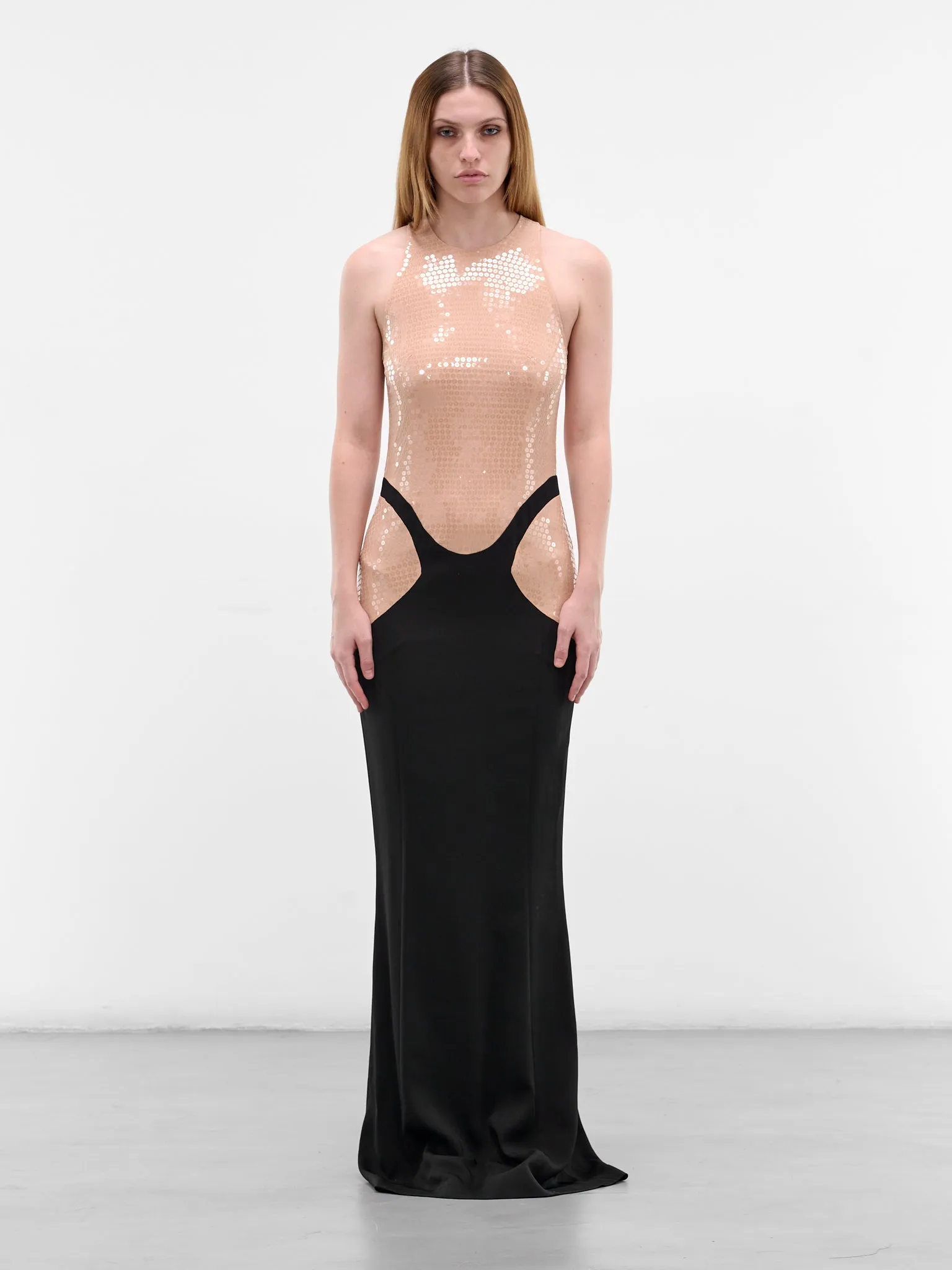 Sequin Trompe L'oeil Skirt Gown (COM1RO17933002-BEIGE-BLACK) sold by lorenzo