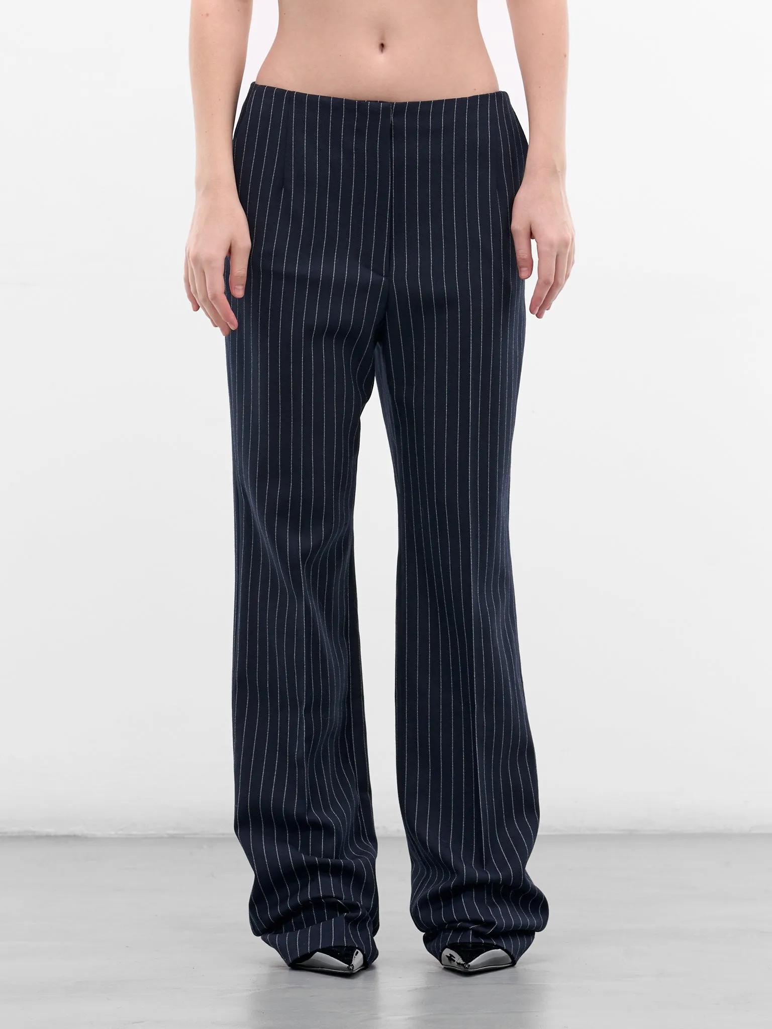 Navy Pinstripe Wool Tailored Trousers (COM1PA05251001-NAVY-WHITE) sold by lorenzo