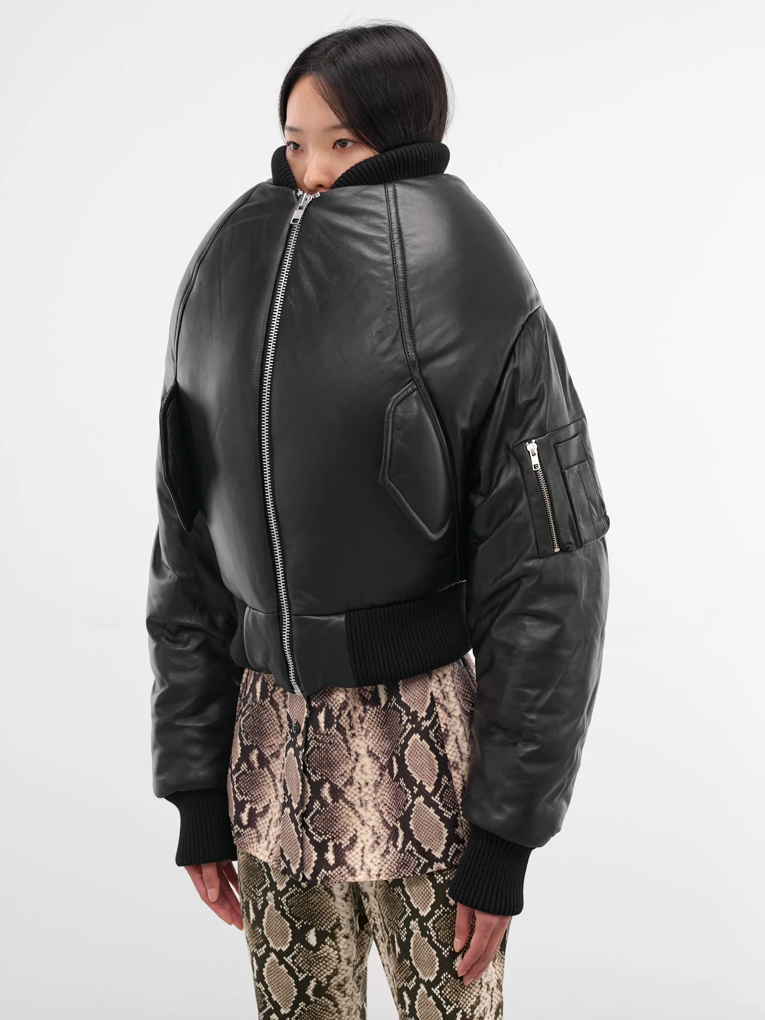Leather Over Shoulders Sculptural Bomber (OW01006-0015-BLACK) sold by lorenzo product image thumbnail 2