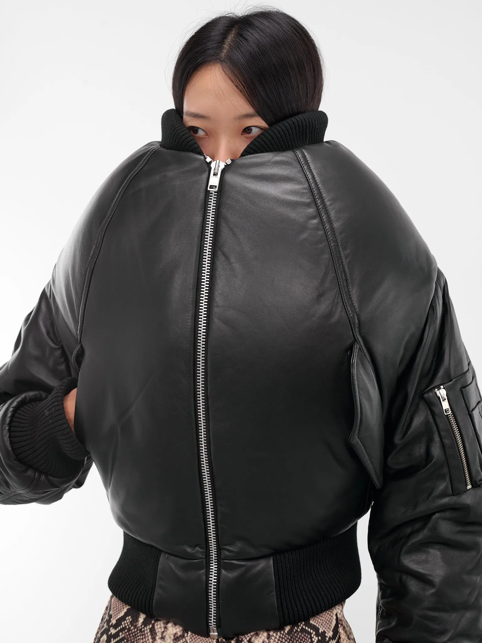 Leather Over Shoulders Sculptural Bomber (OW01006-0015-BLACK) sold by lorenzo product image thumbnail 4