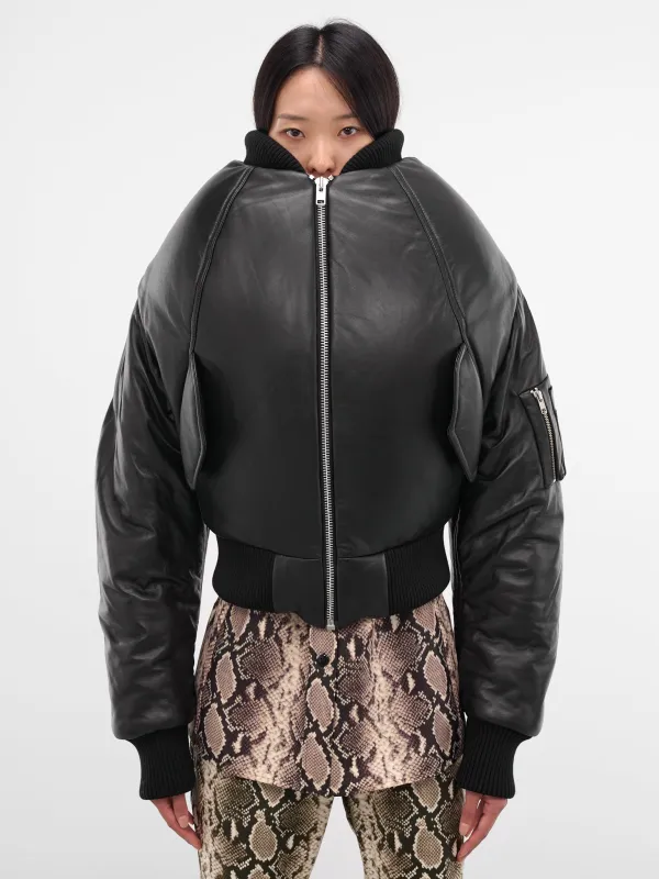 Leather Over Shoulders Sculptural Bomber (OW01006-0015-BLACK) sold by lorenzo