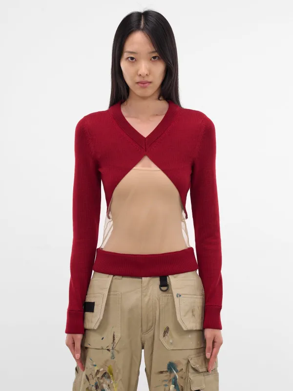 Burgundy Floating Panel V-Neck Sweater (TO05970-0275-BURGUNDY) sold by lorenzo
