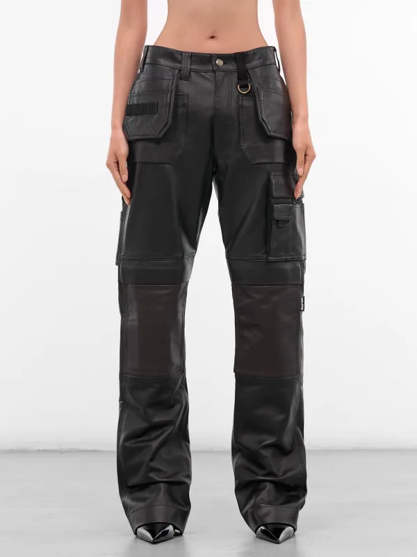 Black Leather Cargo Work Pants (PA02972-0363-BLACK-BROWN) sold by lorenzo
