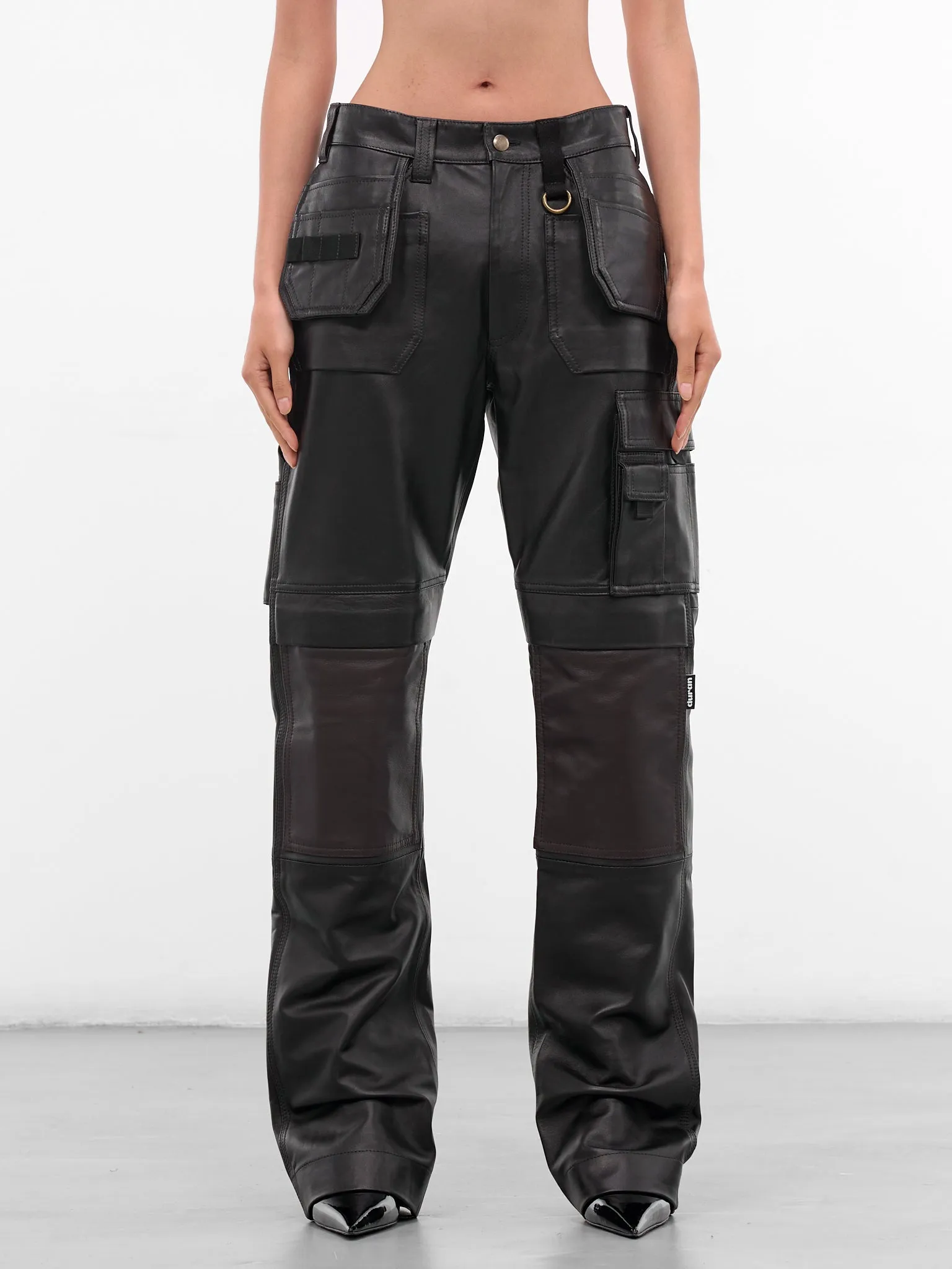 Black Leather Cargo Work Pants (PA02972-0363-BLACK-BROWN) sold by lorenzo