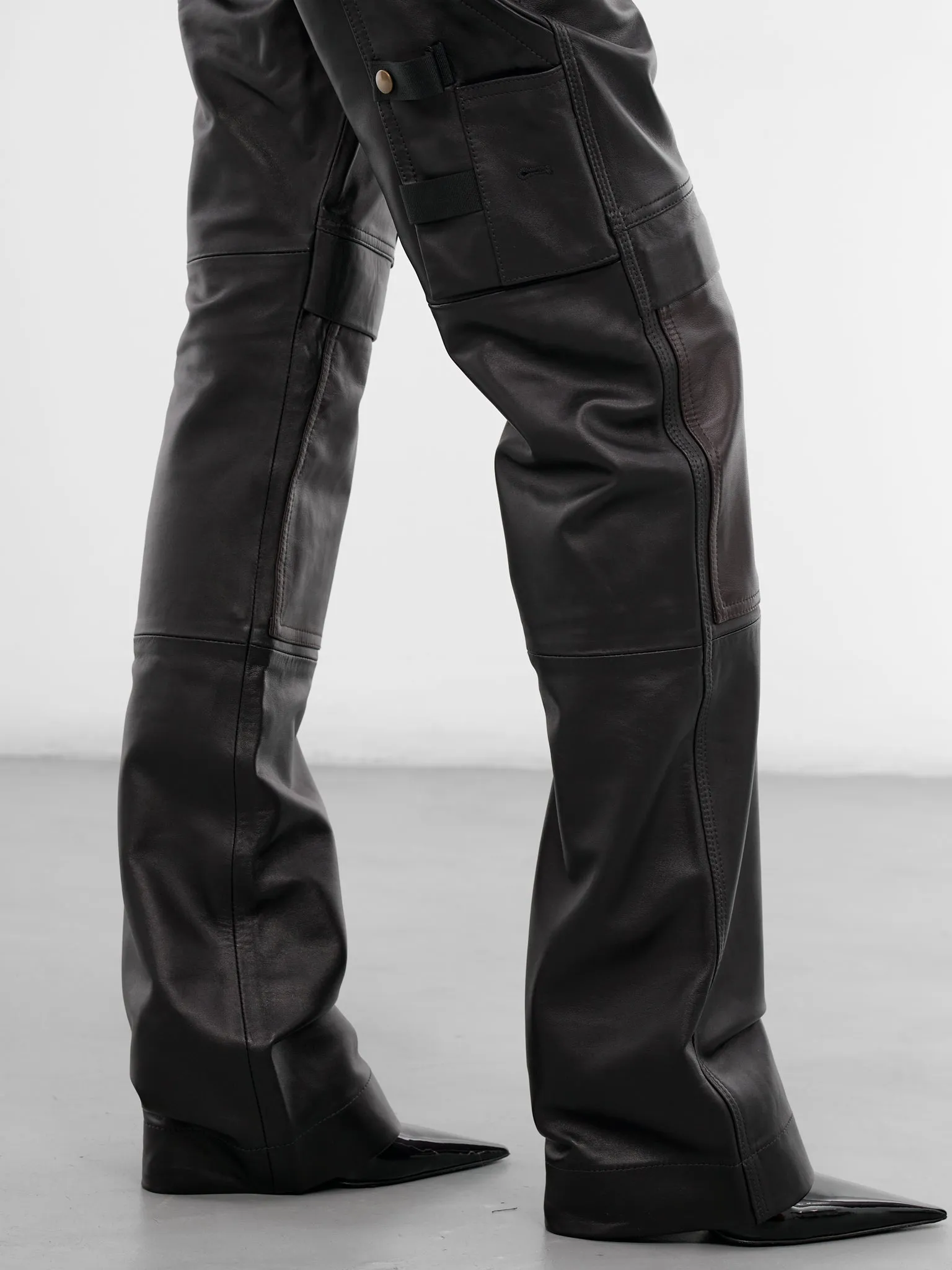 Black Leather Cargo Work Pants (PA02972-0363-BLACK-BROWN) sold by lorenzo product image thumbnail 5