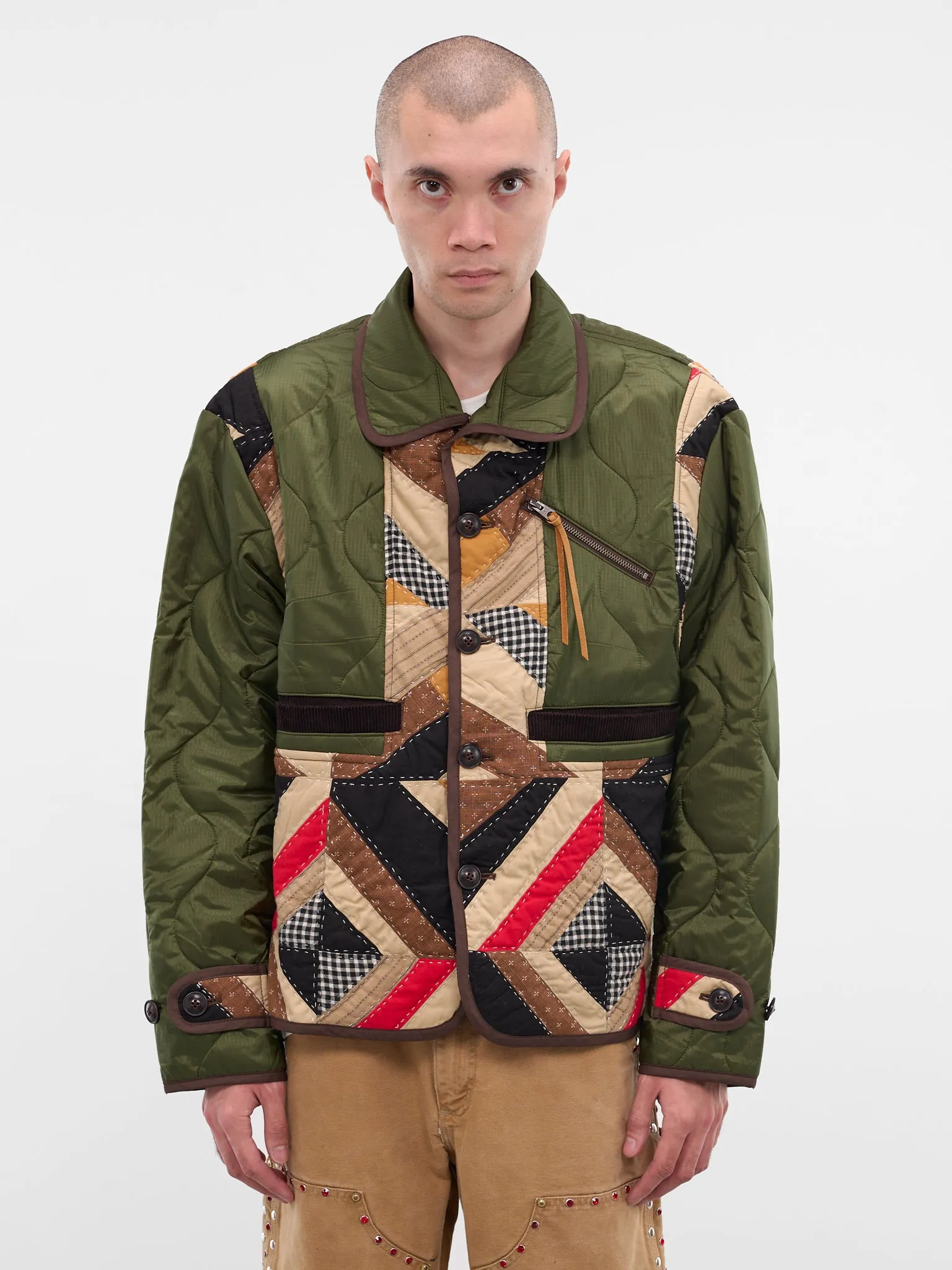 Beige Patchwork Quilted Nylon Jacket (25FW-JK-06-BEIGE) sold by lorenzo