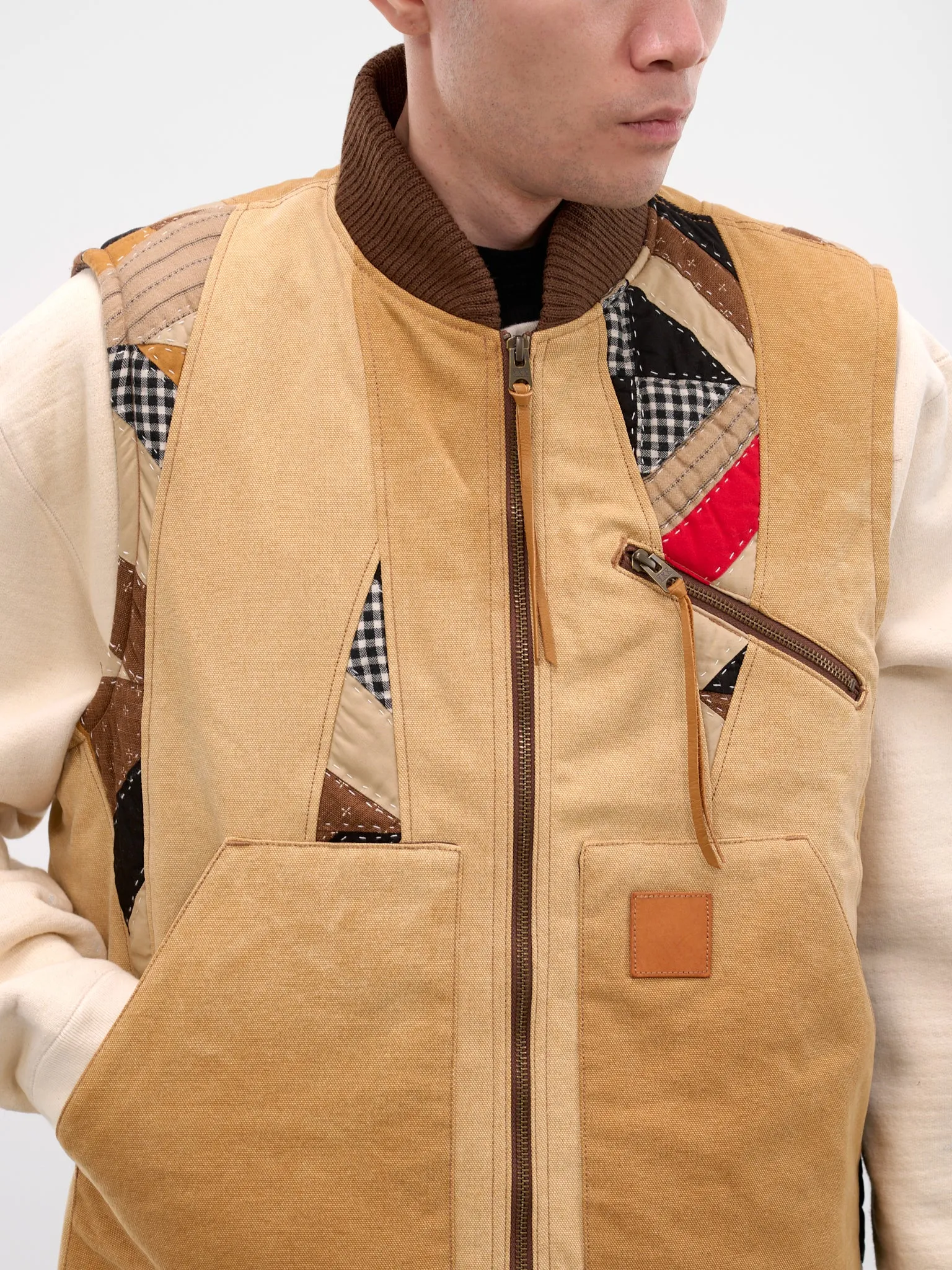 Beige Patchwork Quilt Work Vest (25FW-V-01-BEIGE) sold by lorenzo product image thumbnail 4