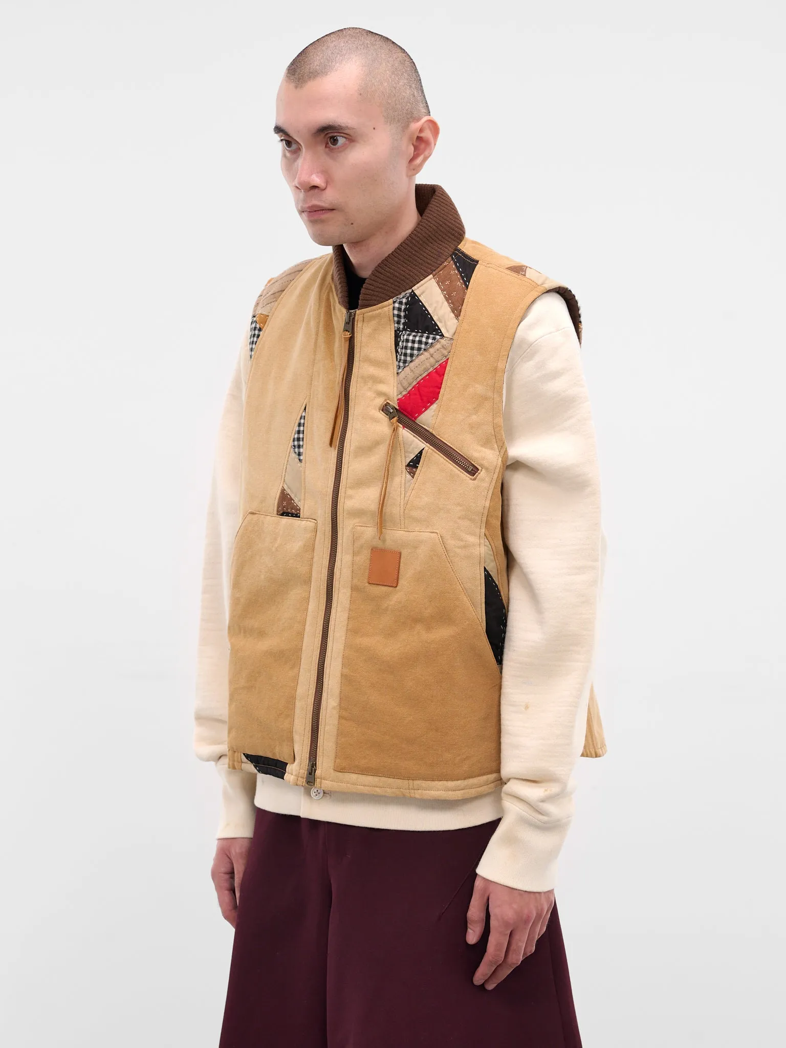 Beige Patchwork Quilt Work Vest (25FW-V-01-BEIGE) sold by lorenzo product image thumbnail 2