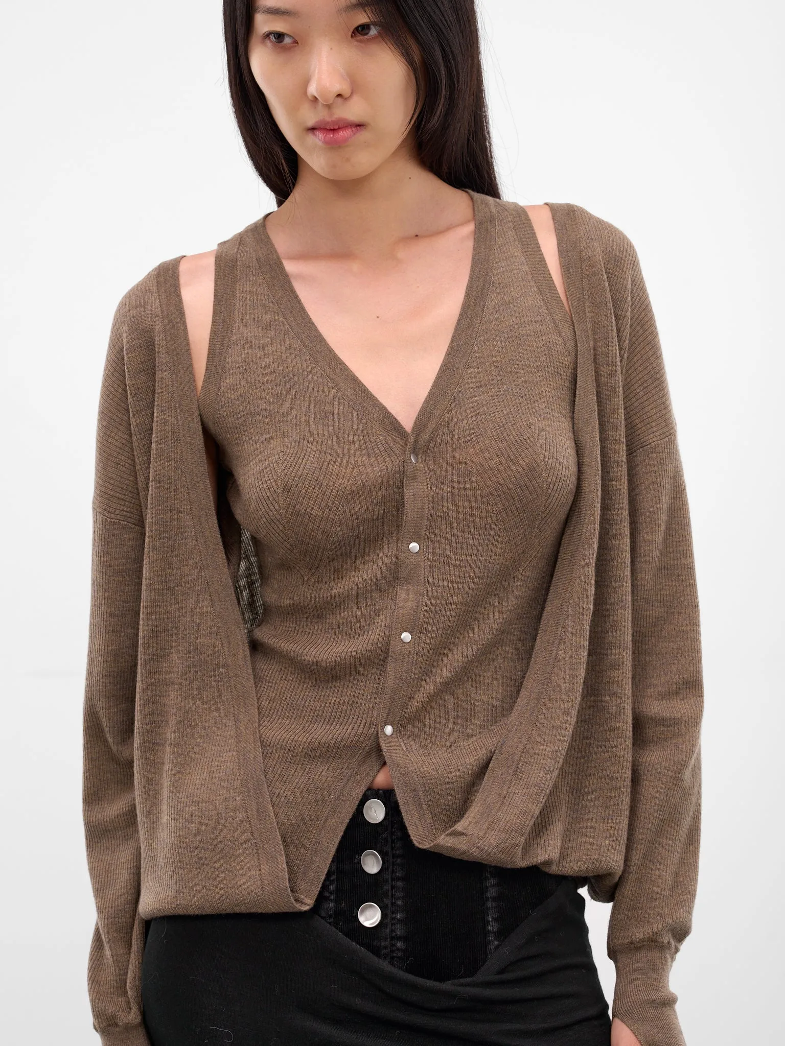 Brown Layered Draping Knit Cardigan (KT16W1BR430-BISON) sold by lorenzo product image thumbnail 5