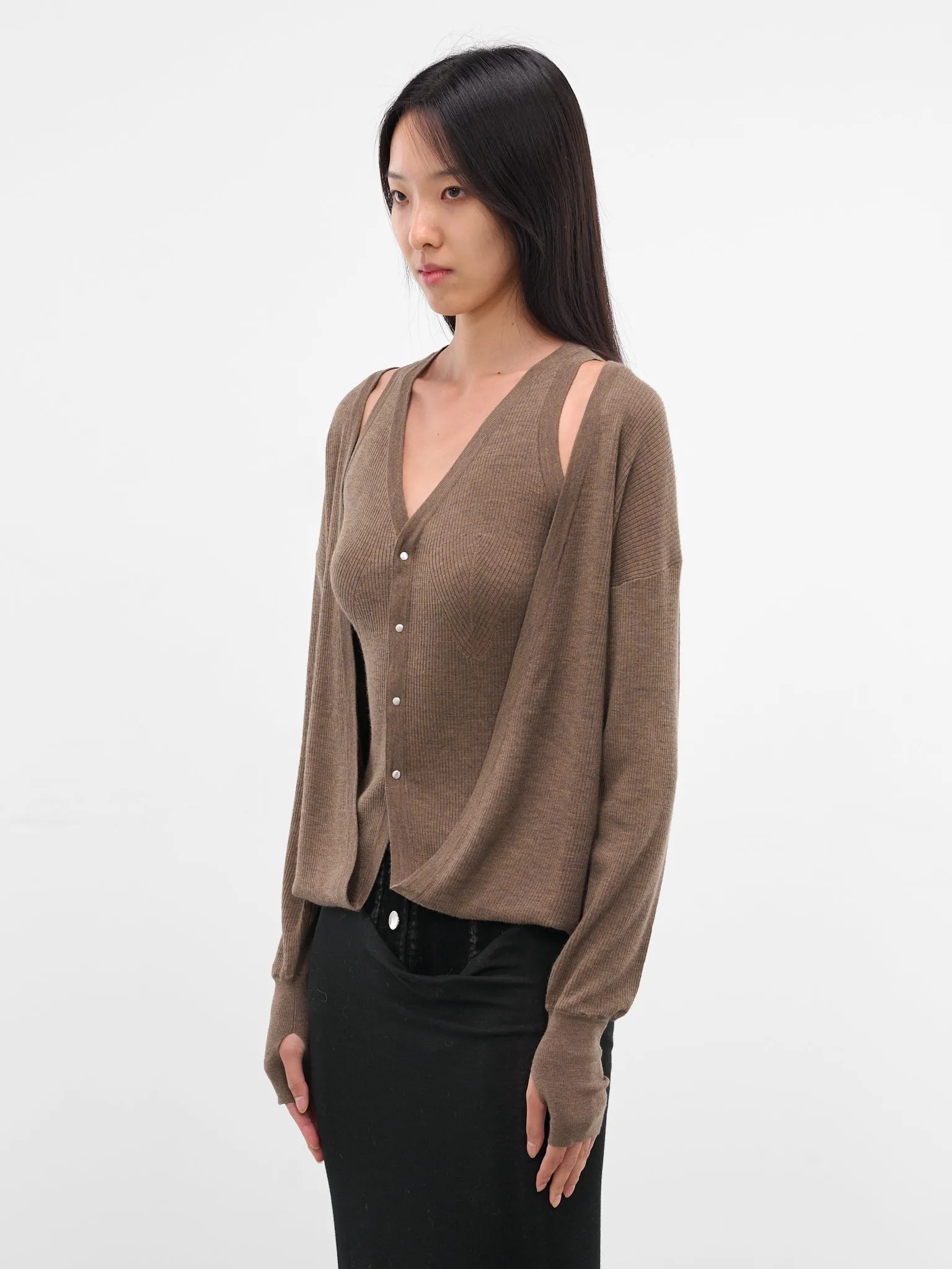 Brown Layered Draping Knit Cardigan (KT16W1BR430-BISON) sold by lorenzo product image thumbnail 2