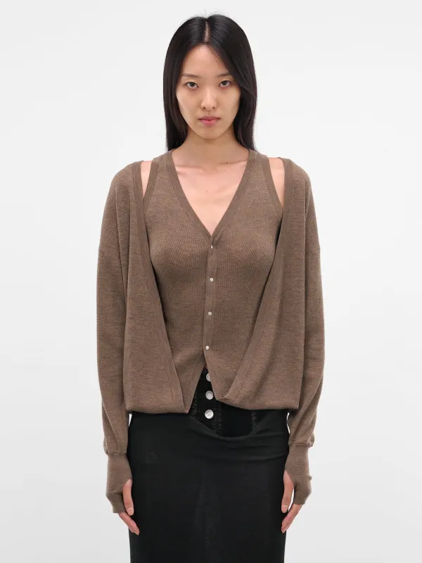 Brown Layered Draping Knit Cardigan (KT16W1BR430-BISON) sold by lorenzo