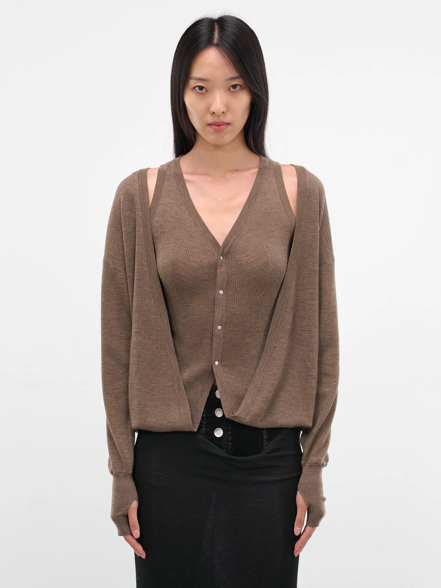 Brown Layered Draping Knit Cardigan (KT16W1BR430-BISON) sold by lorenzo