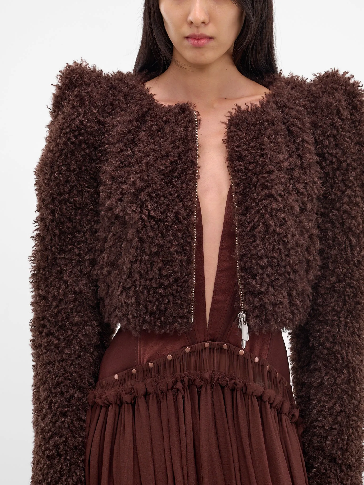 Teddy Pointed Shoulders Cropped Jacket (JK13P1BR440-COFFEE) sold by lorenzo product image thumbnail 4